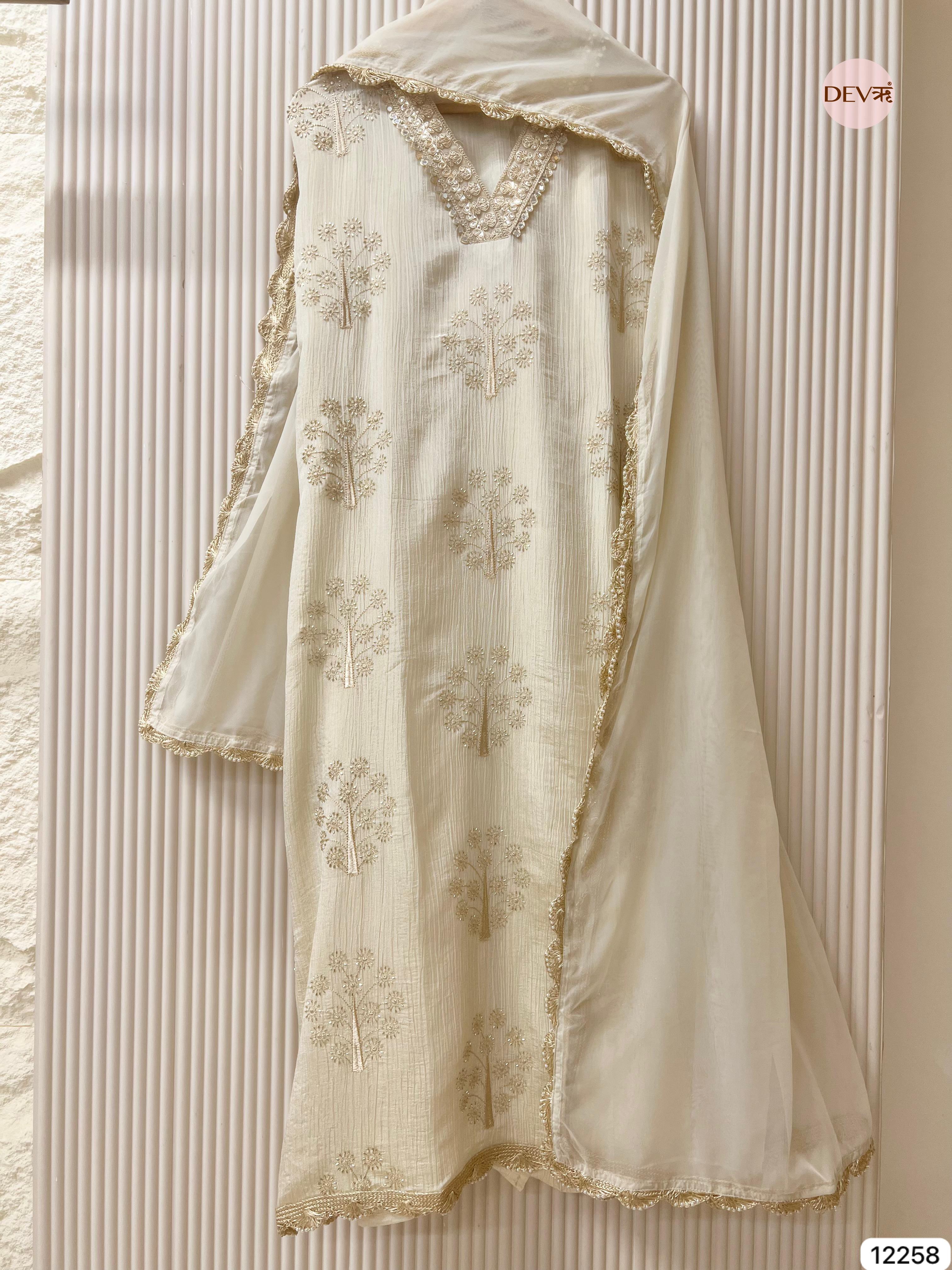 Ivory Chinon Embroidered Unstitched 3-Piece Suit (Devri – D.No 12258)