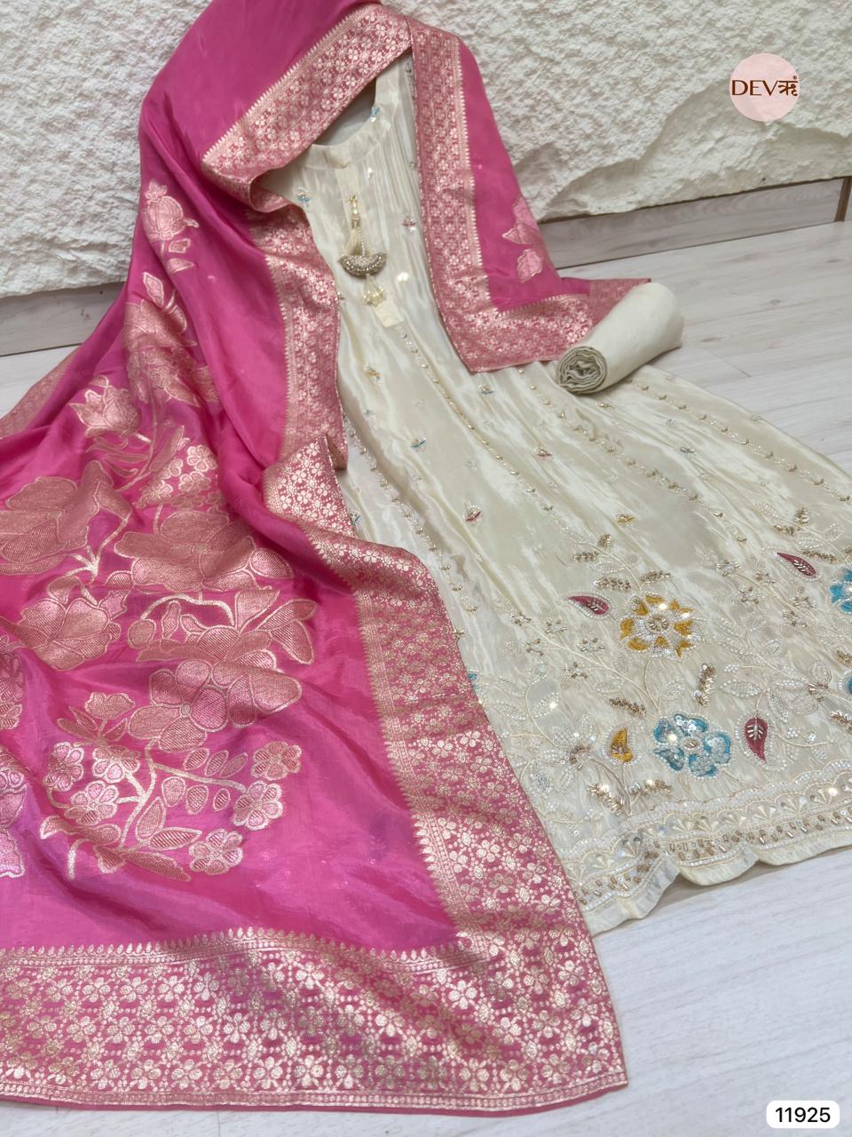 Cream Colour Tissue Shimmer Silk Unstitched Hand Embroidered -Set Of 3 - {11925}