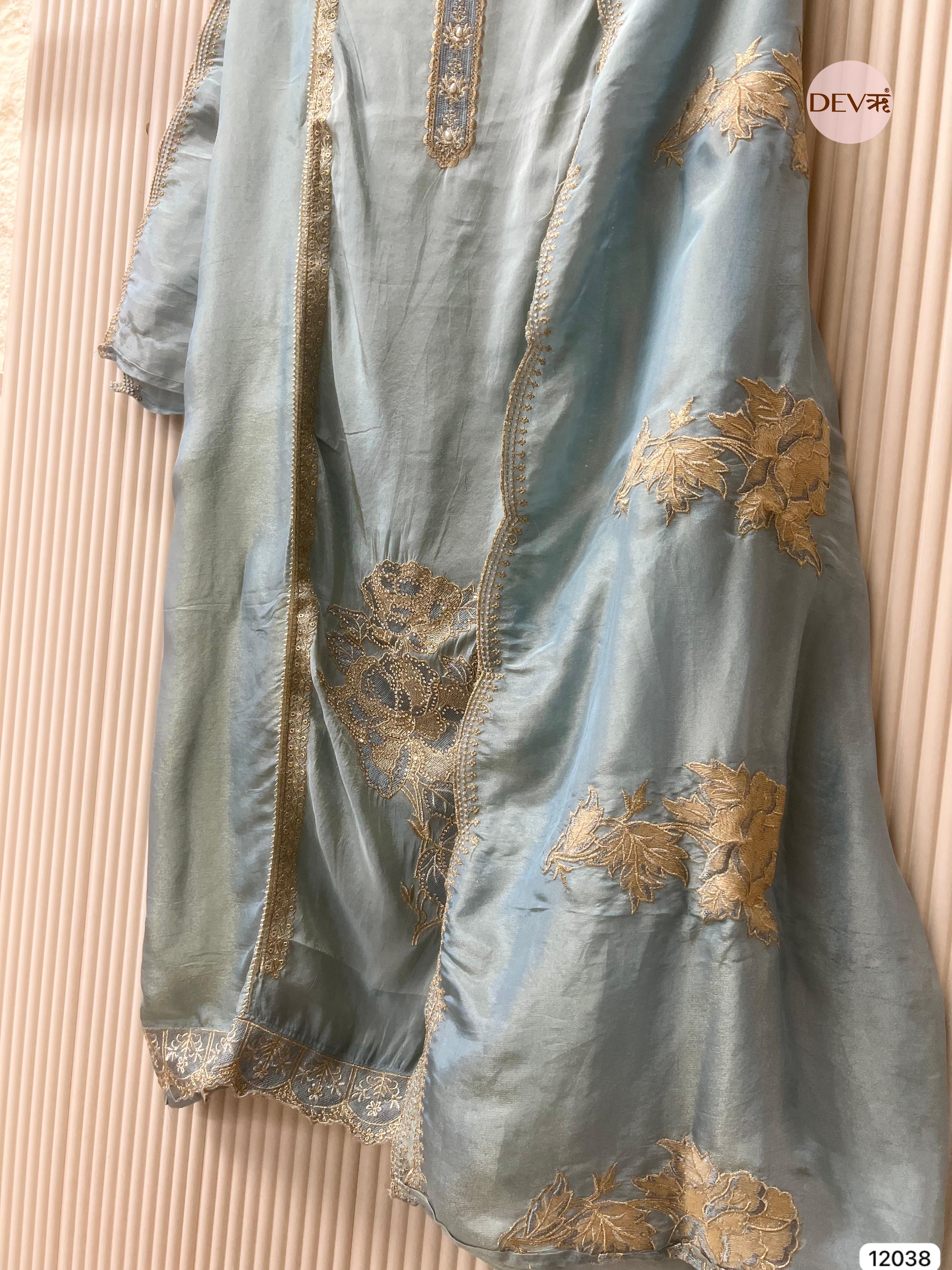 Blue Tissue Shimmer Silk Unstitched Hand Embroidered -Set Of 3 - {12038}