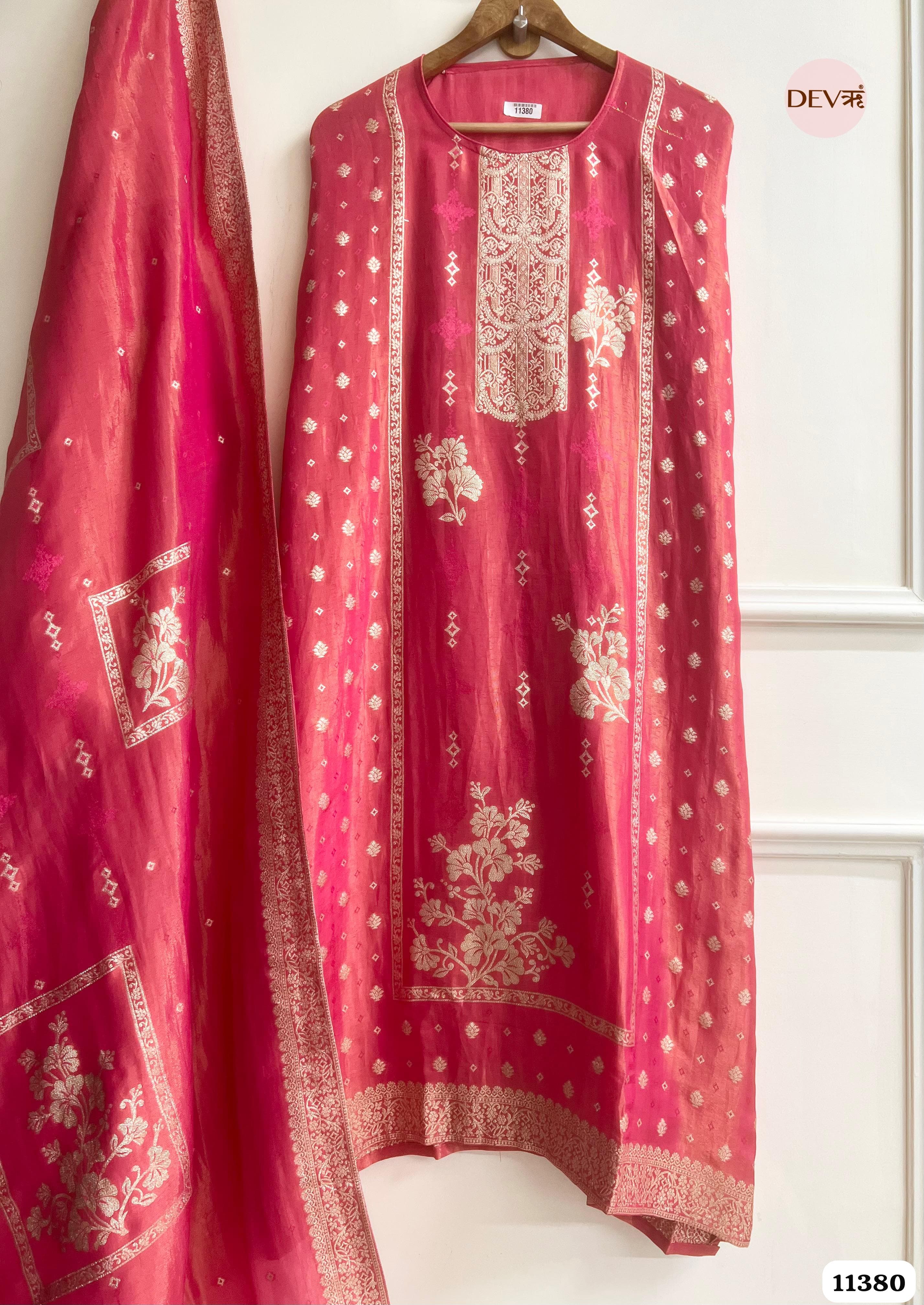 Pink Tissue Silk Unstitched Woven -Set Of 3 {11380}
