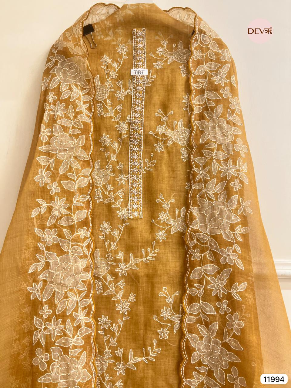 Yellow Pure Mul Linen Unstitched Embroidered -Set Of 3 - {11994}