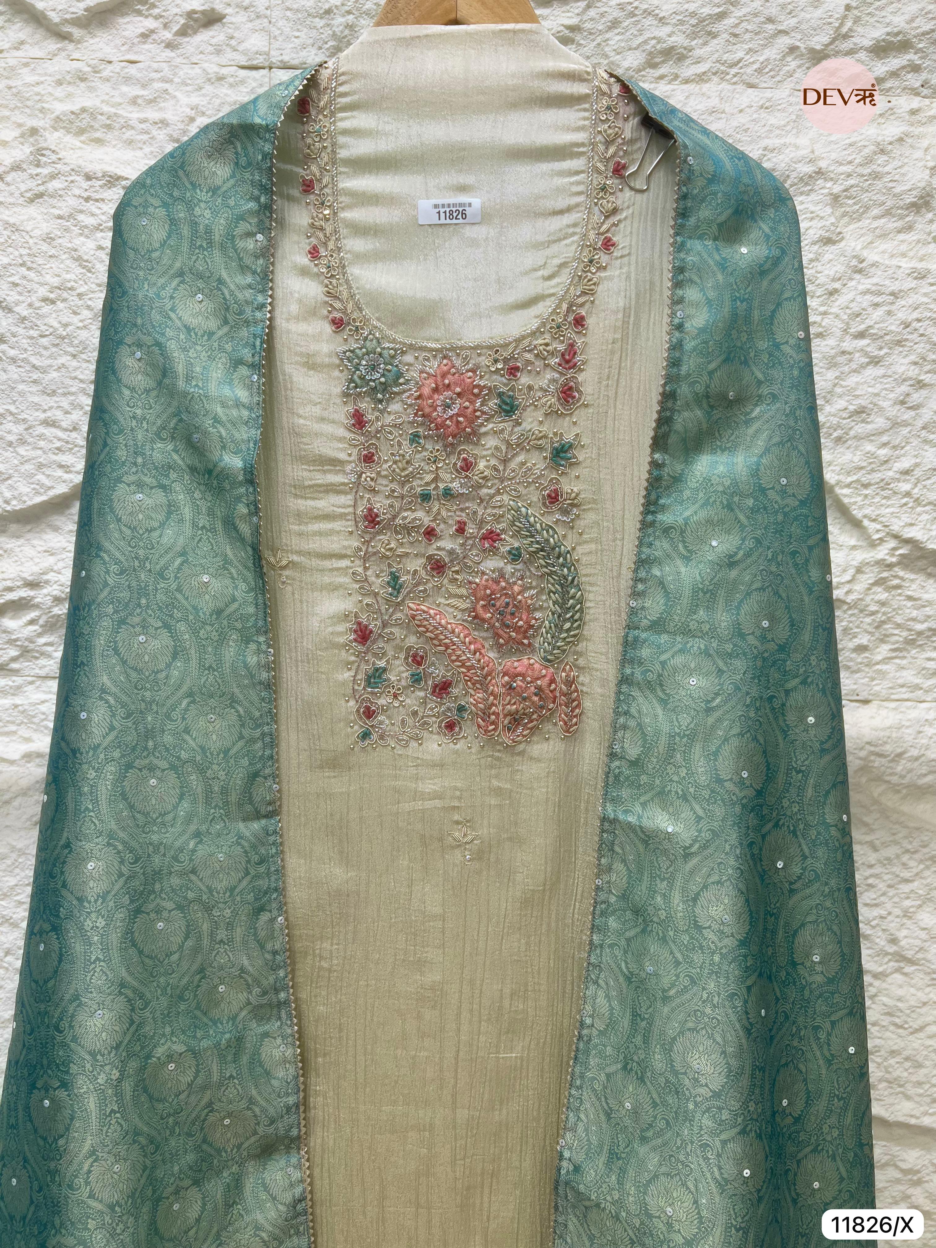 Off White Pure Tissue Crush Silk Unstitched Hand Embroidered -Set Of 3- {11826/X}