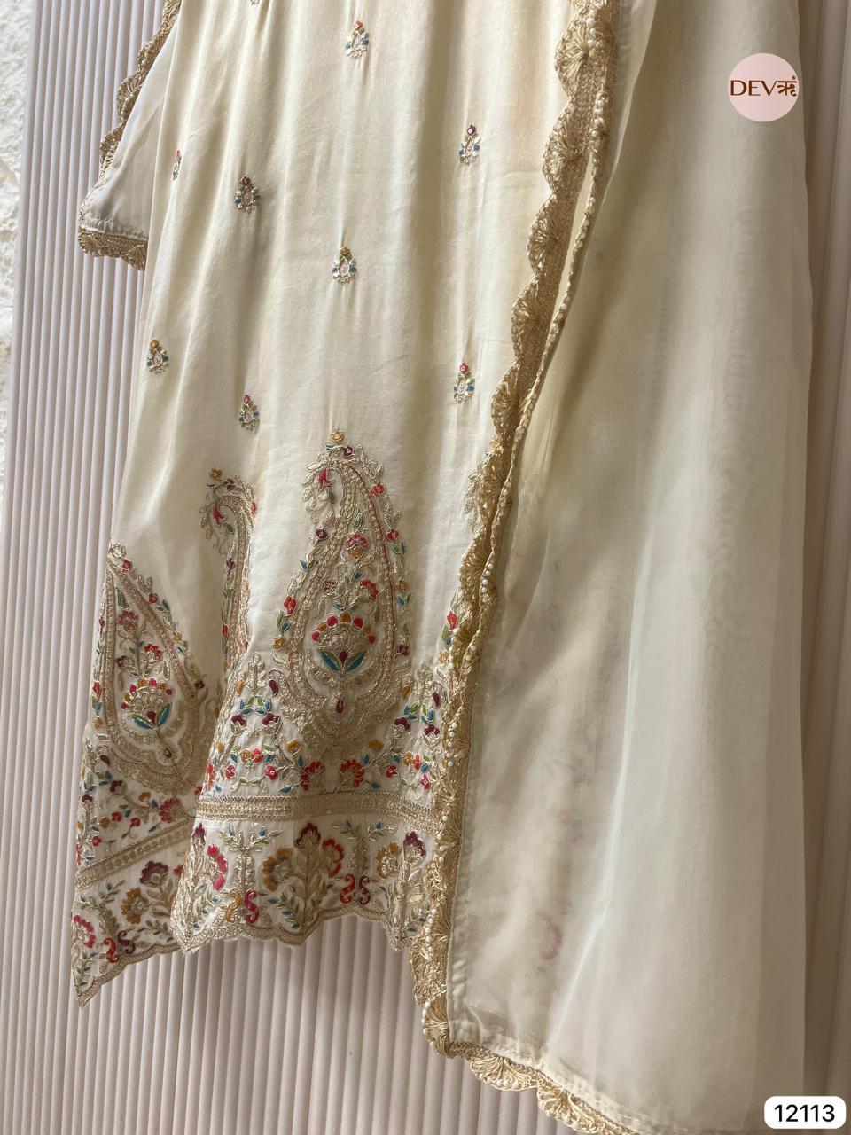 Ivory Tissue Shimmer Silk Embroidered Unstitched 3-Piece Suit (Devri – D.No 12113)