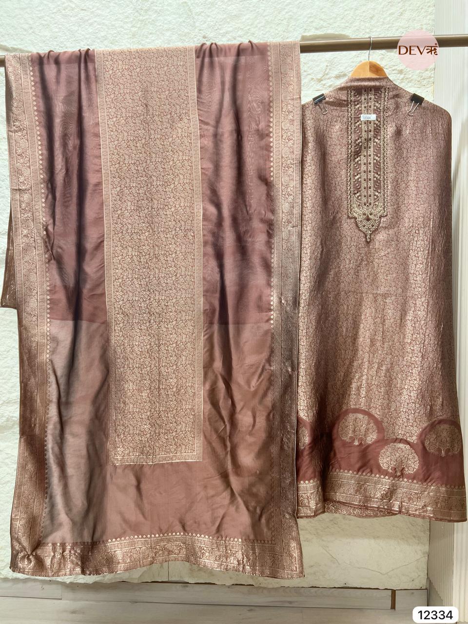 Rich Brown Pure Banarasi Silk Woven Unstitched 3-Piece Suit (Devri – D.No 12334)