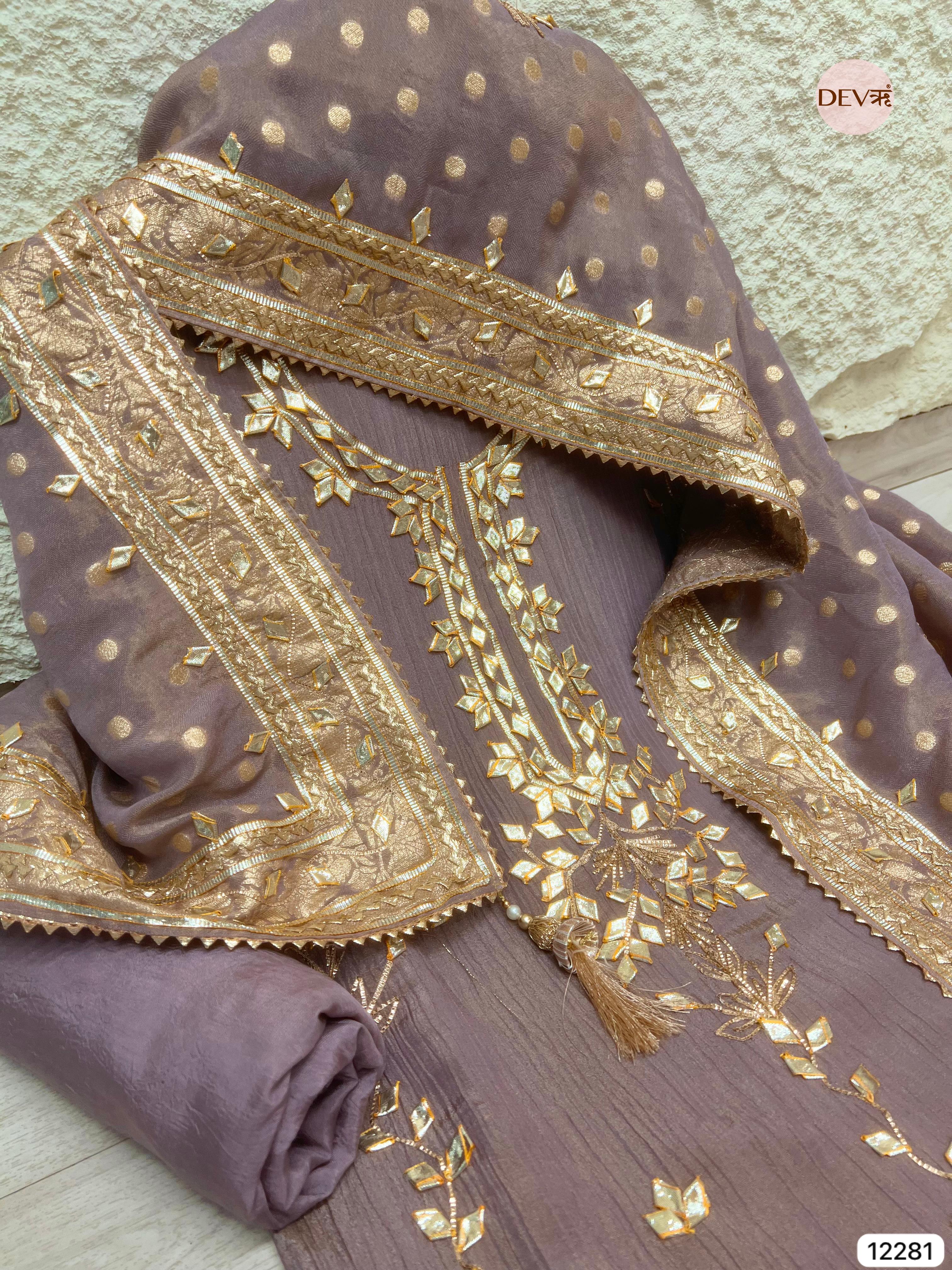 Purple Pure Chinon Unstitched Hand Embroidered -Set Of 3 - {12281}