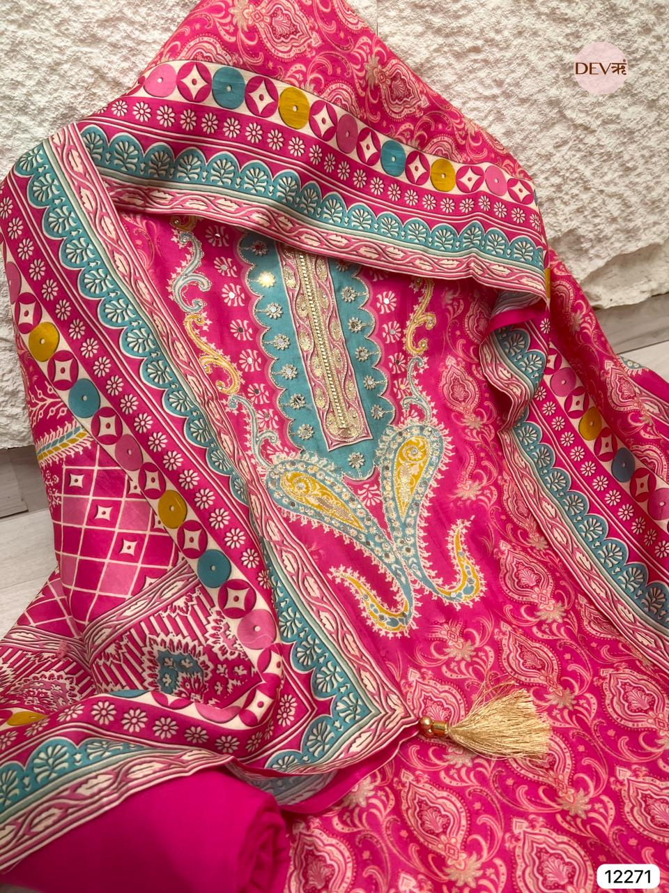 Rani Pink Russian Silk Printed Unstitched 3-Piece Suit (Devri – D.No 12271)