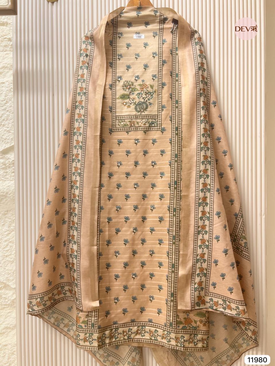 Beige Pure Tusser Silk Printed Unstitched 3-Piece Suit (Devri – D.No 11980)