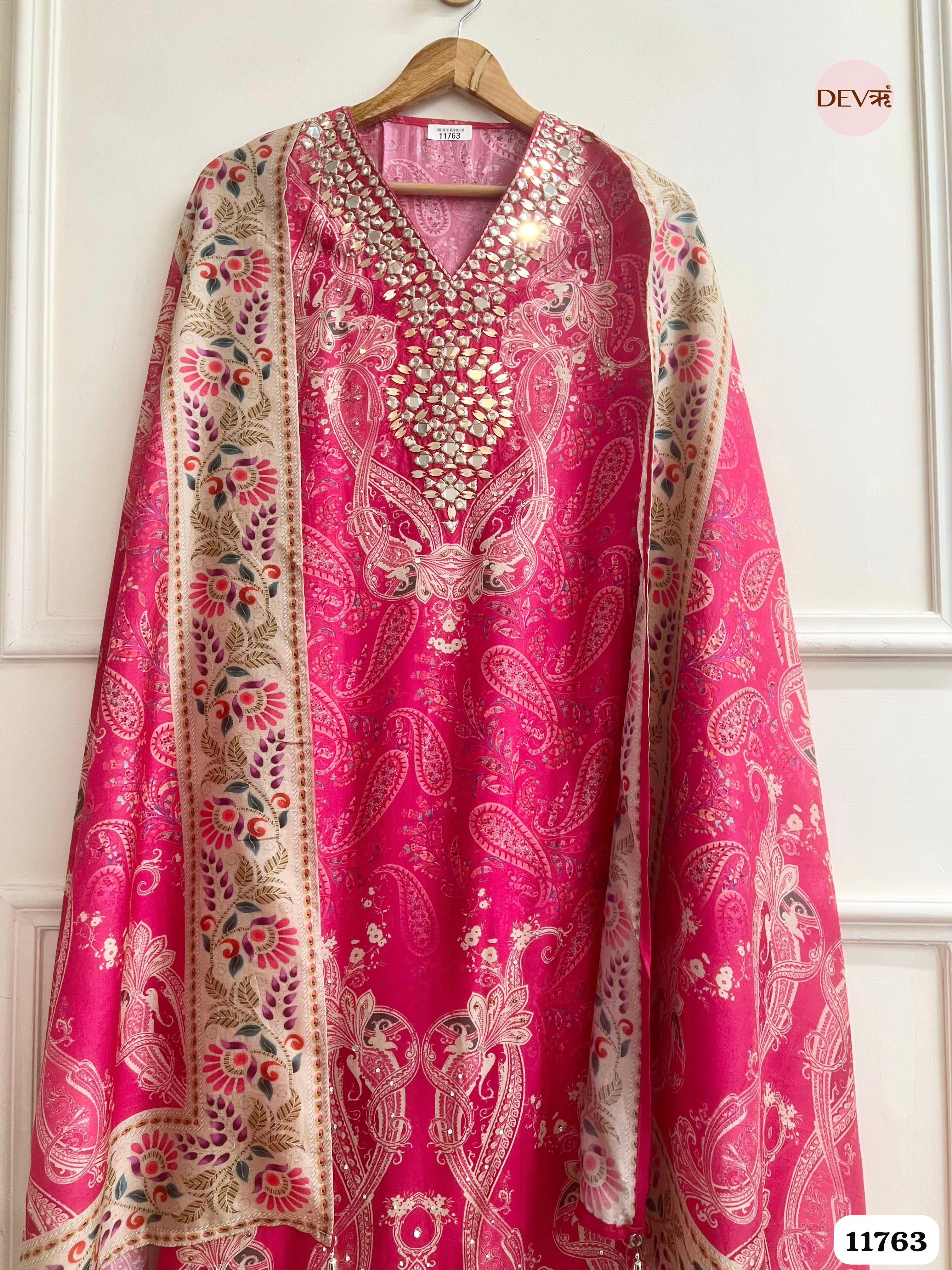 Pink Russian Silk Unstitched Hand Embroidered -Set Of 3 {11763}