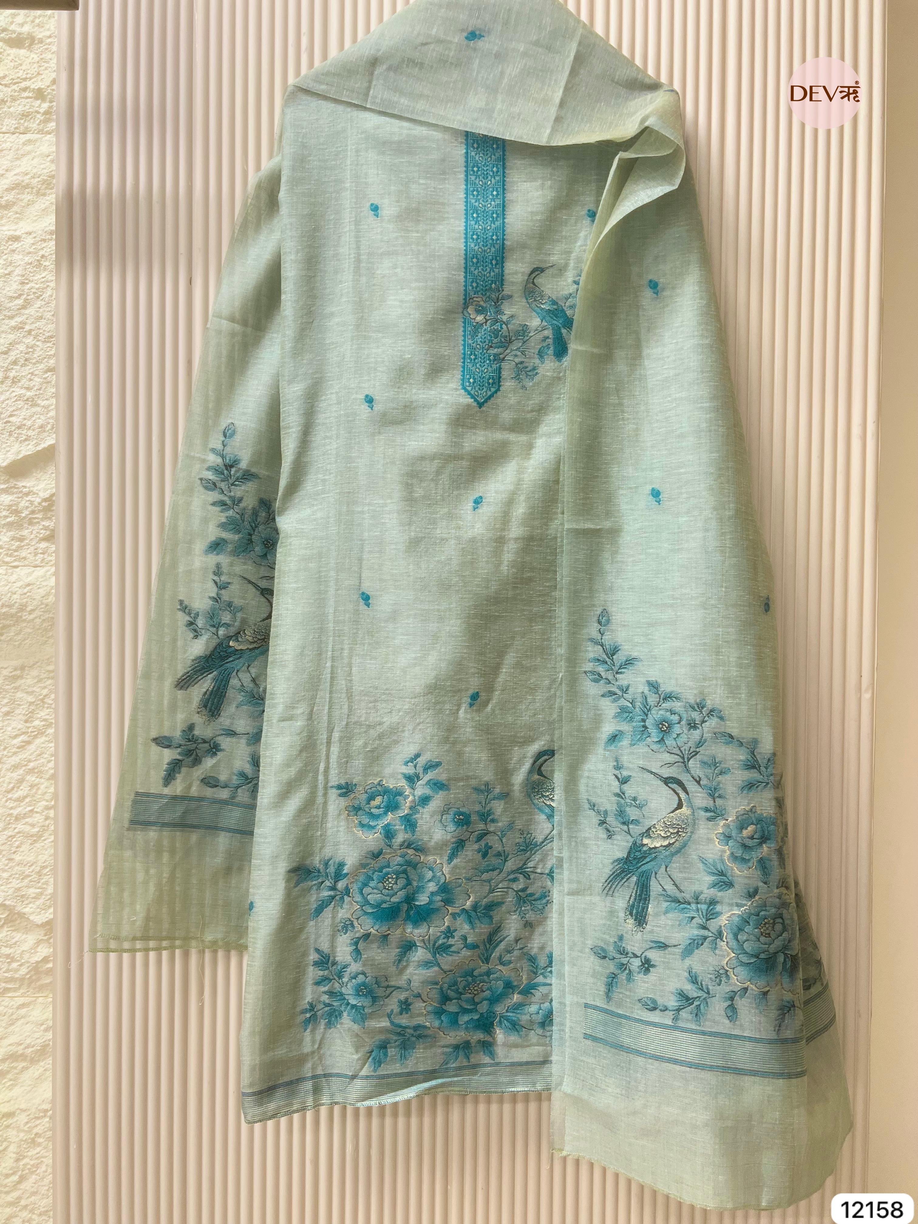 {12158} Green Jamdani Linen Unstitched - Set Of 3