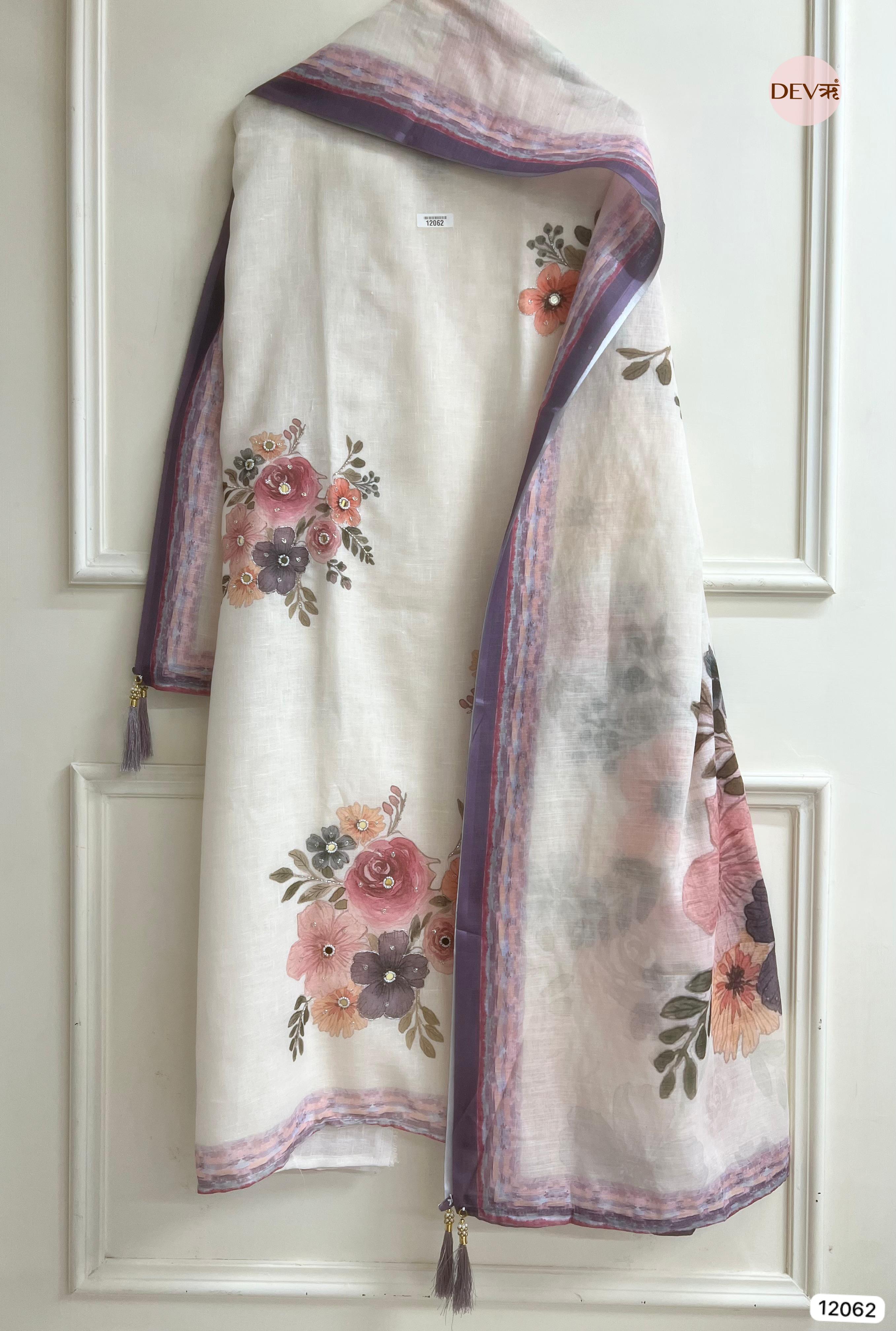 White Linen Printed Unstitched Hand Embroidered -Set Of 3- {12062}