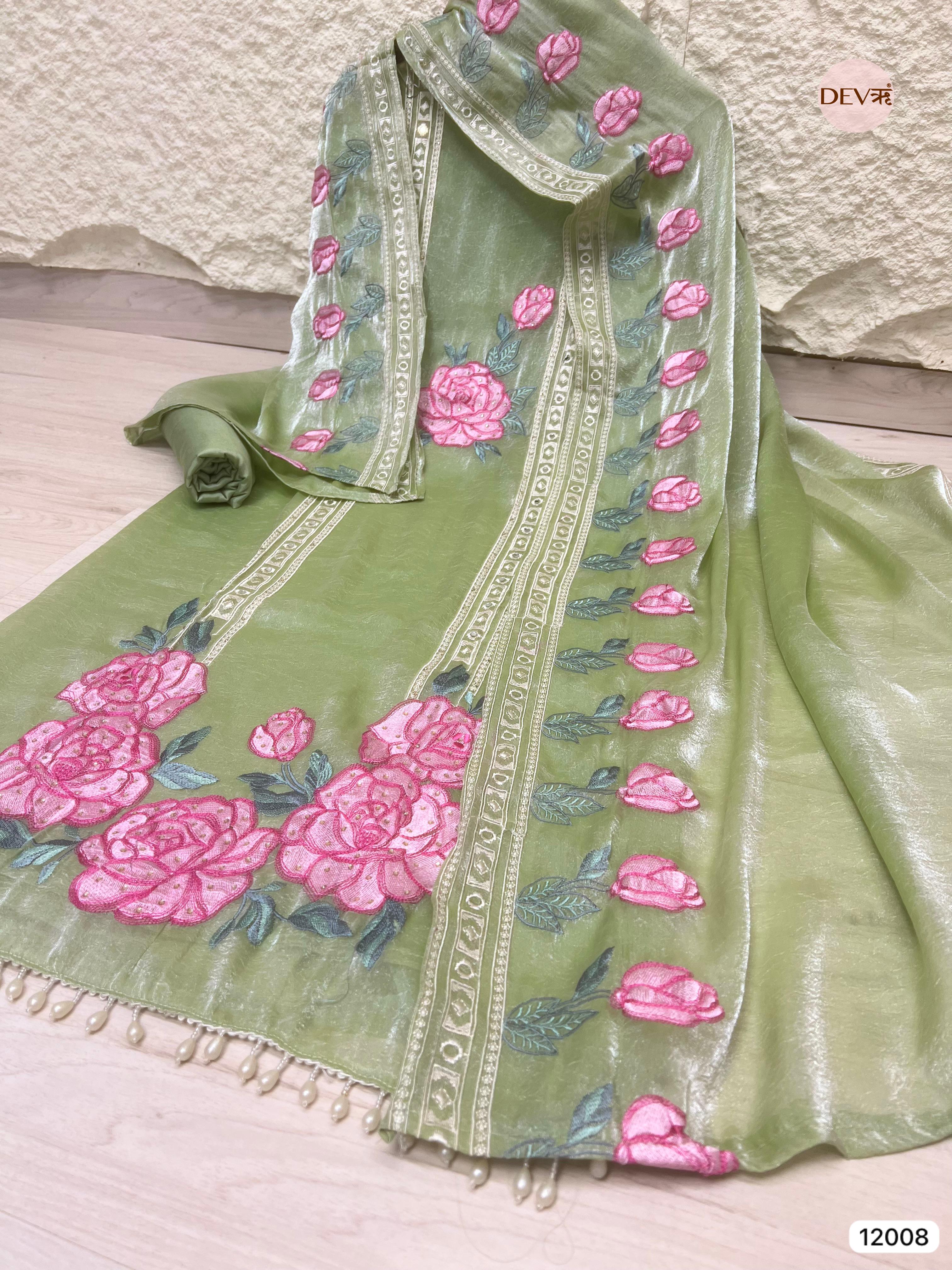 Green Tissue Organza Silk Unstitched Embroidered -Set Of 3 - {12008}