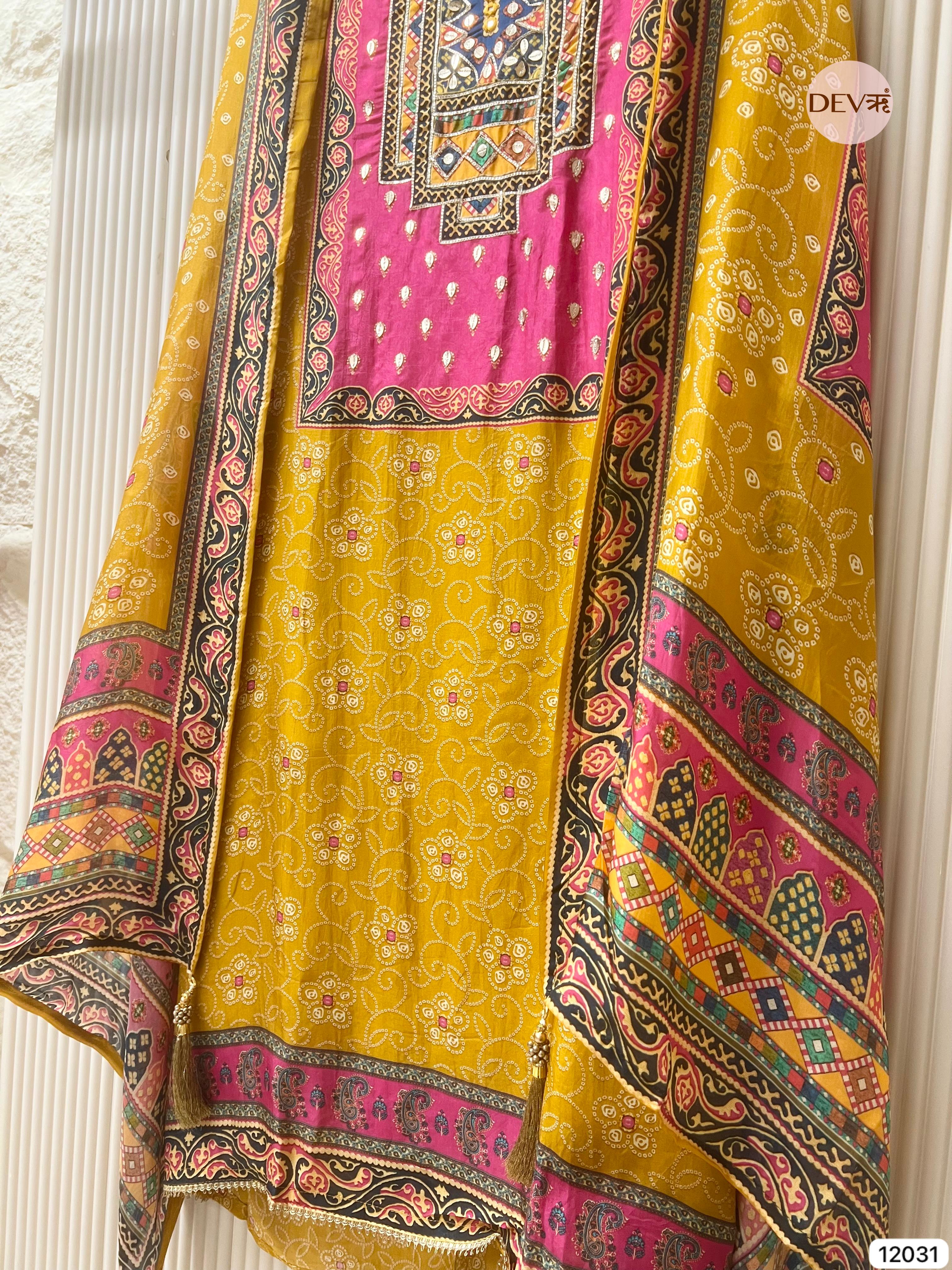 Yellow Pure Glass Silk Unstitched Printed Hand Embroidered -Set Of 3 - {12031}