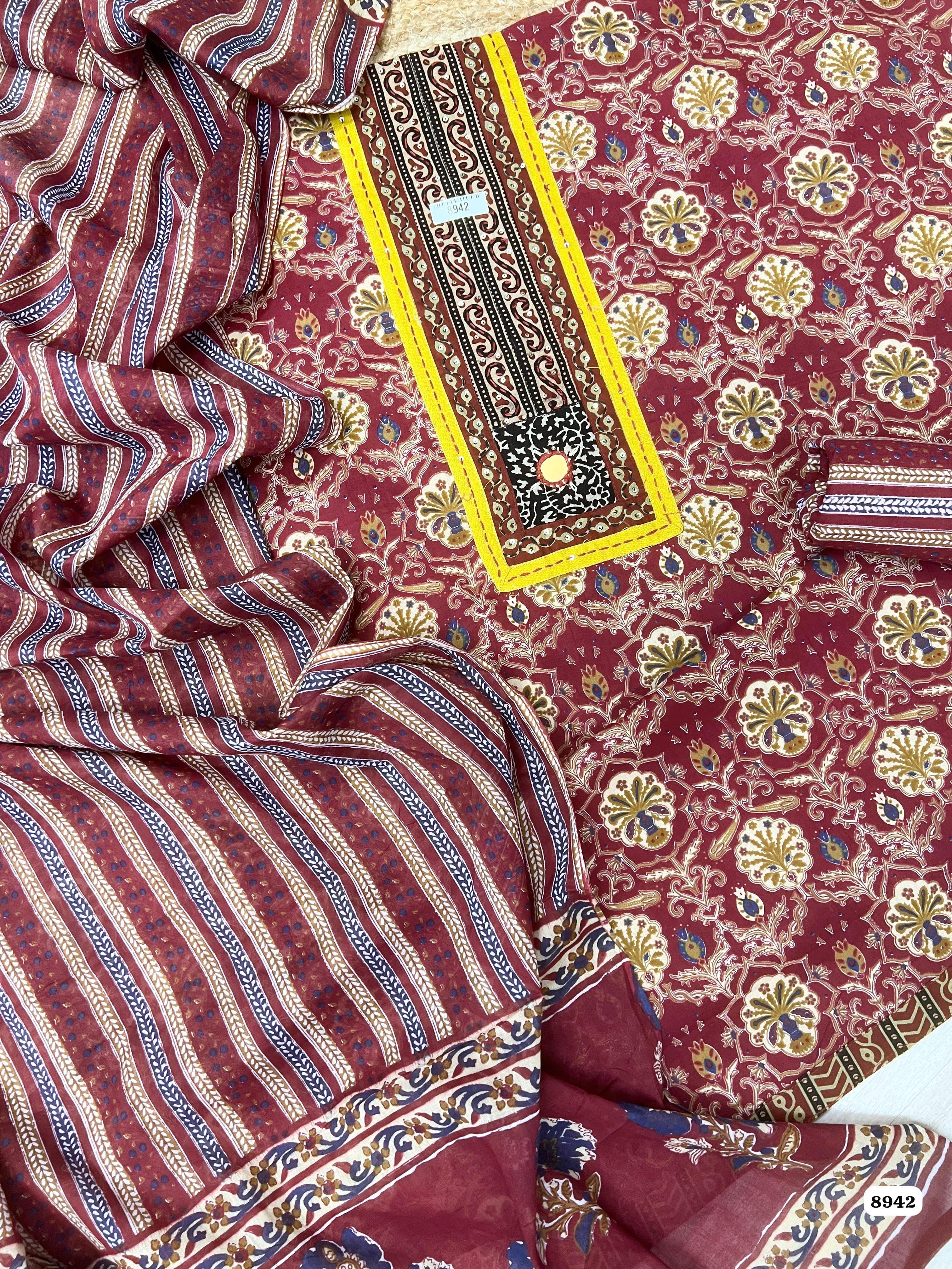 Maroon Cotton Printed Unstitched Hand Embroidered -Set Of 3 {8942}