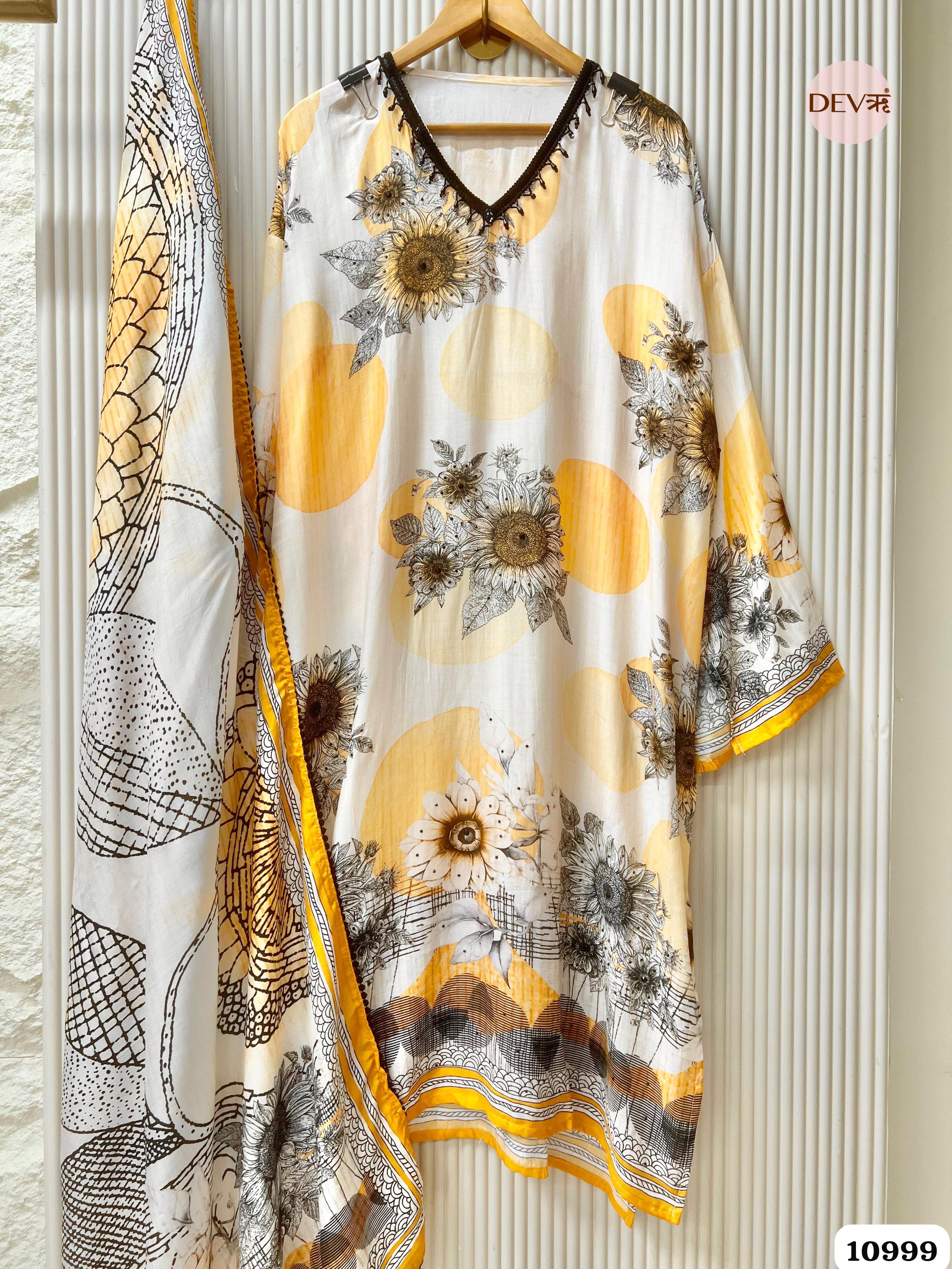 Yellow Muslin Semi Stitched Printed Hand Embroidered -Set Of 3 {10999}