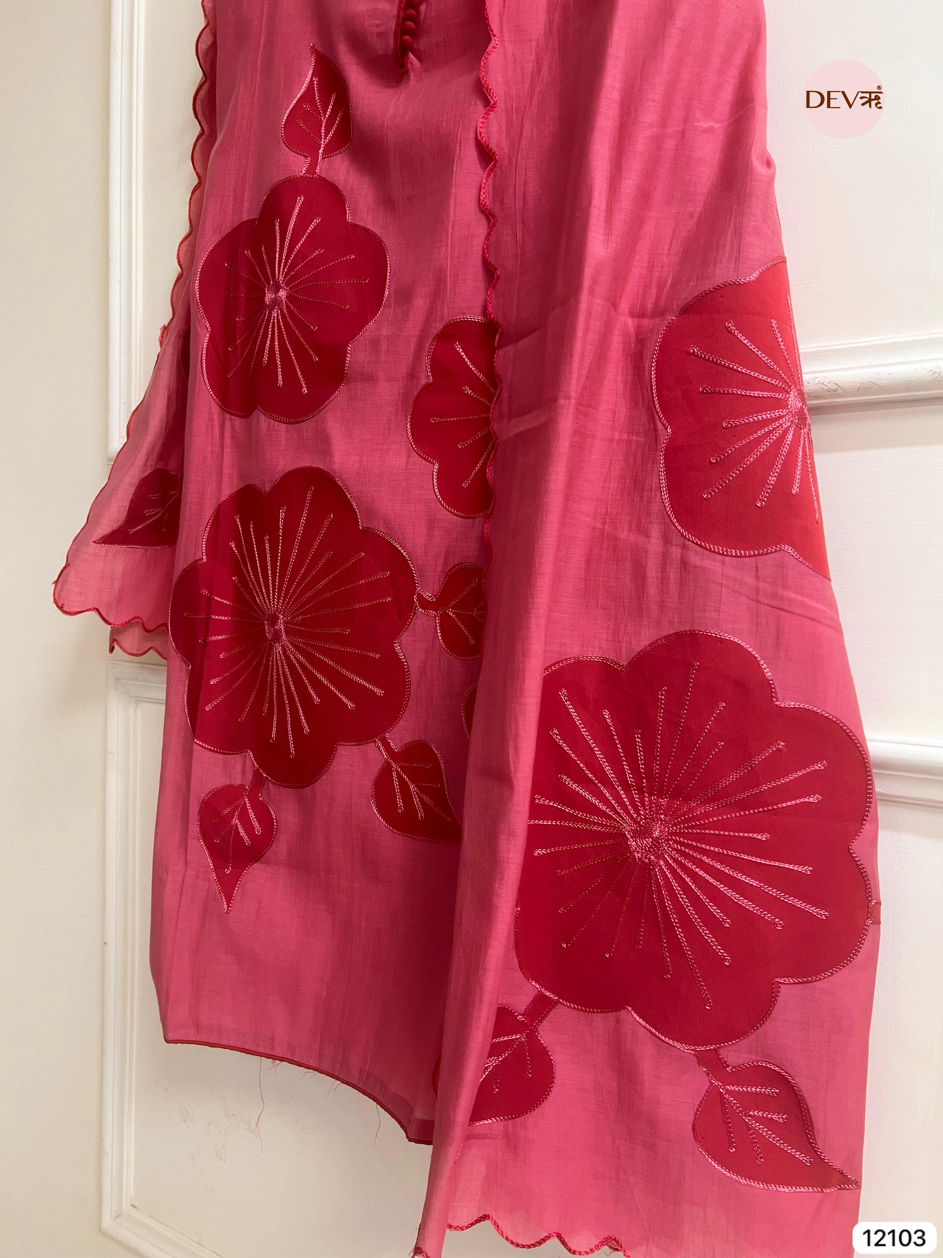 Pink Modal Silk Unstitched Applique Embroidered -Set Of 3 - {12103}