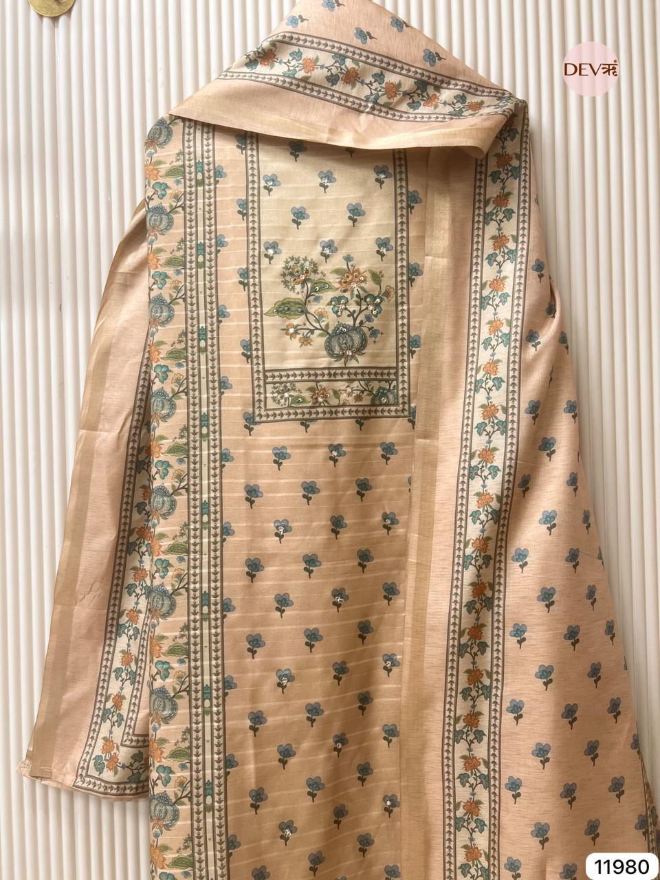 Beige Pure Tusser Silk Printed Unstitched 3-Piece Suit (Devri – D.No 11980)