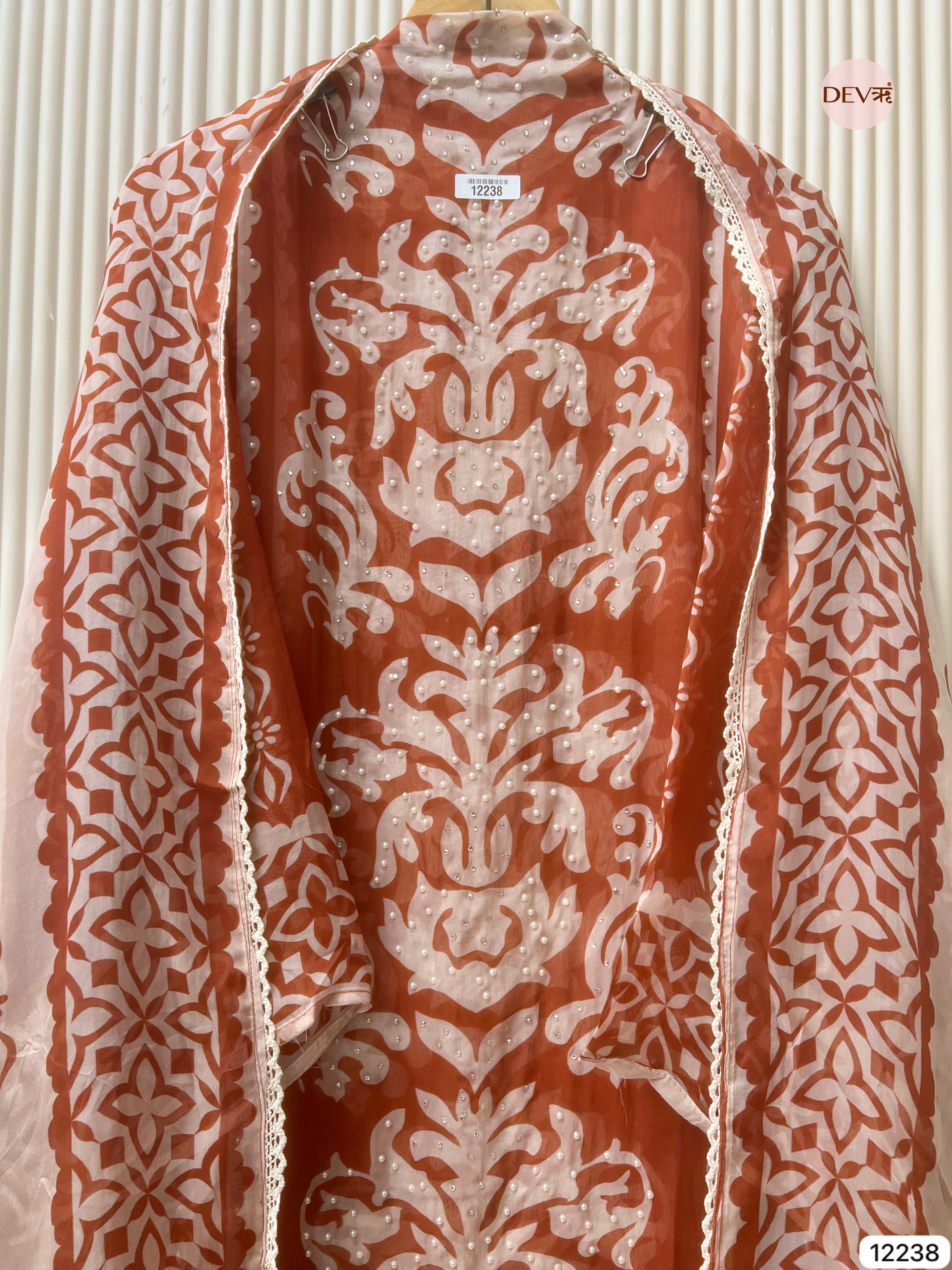 Rust Organza Printed Unstitched 3-Piece Suit (Devri – D.No 12238)