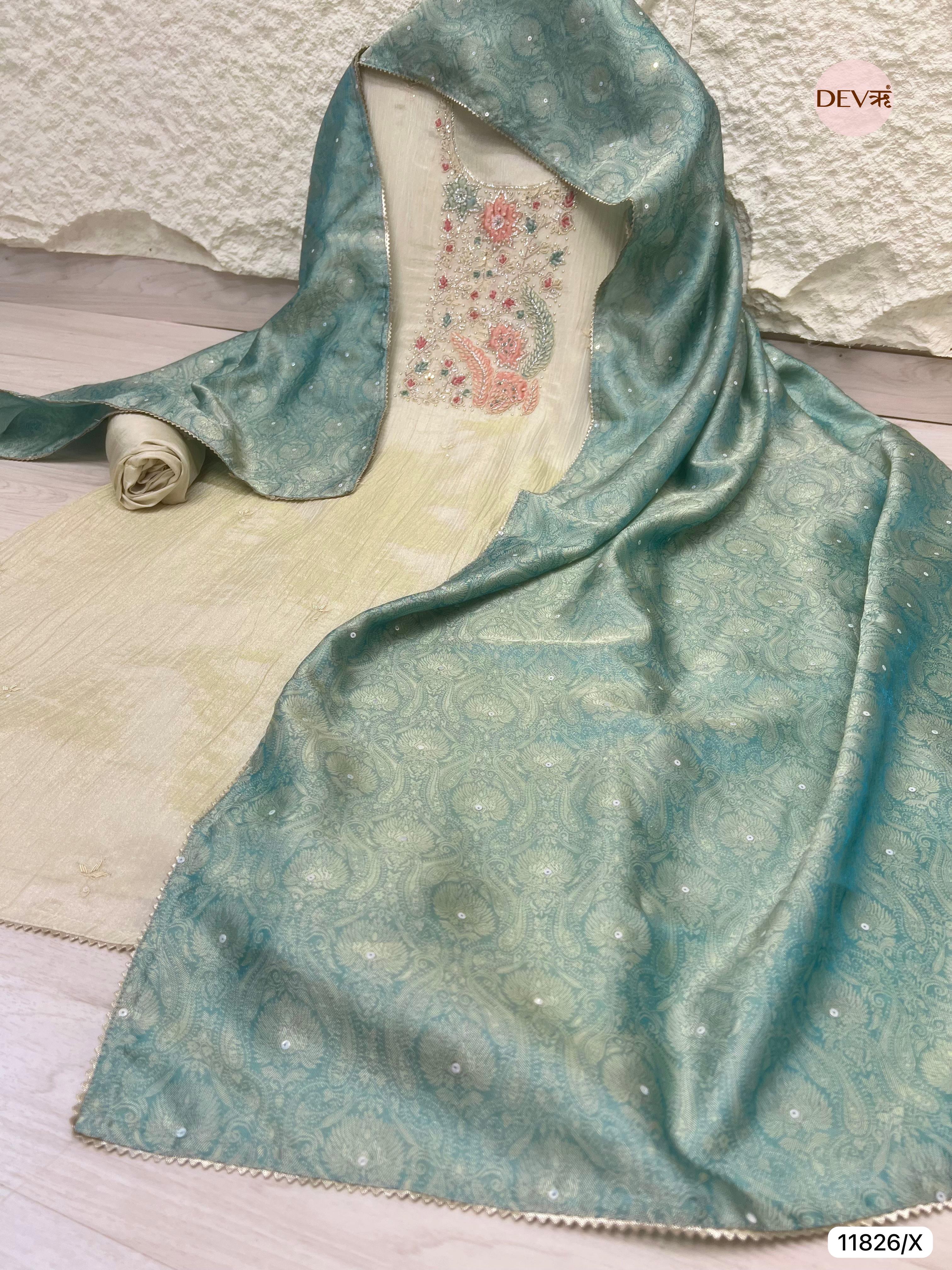Off White Pure Tissue Crush Silk Unstitched Hand Embroidered -Set Of 3- {11826/X}
