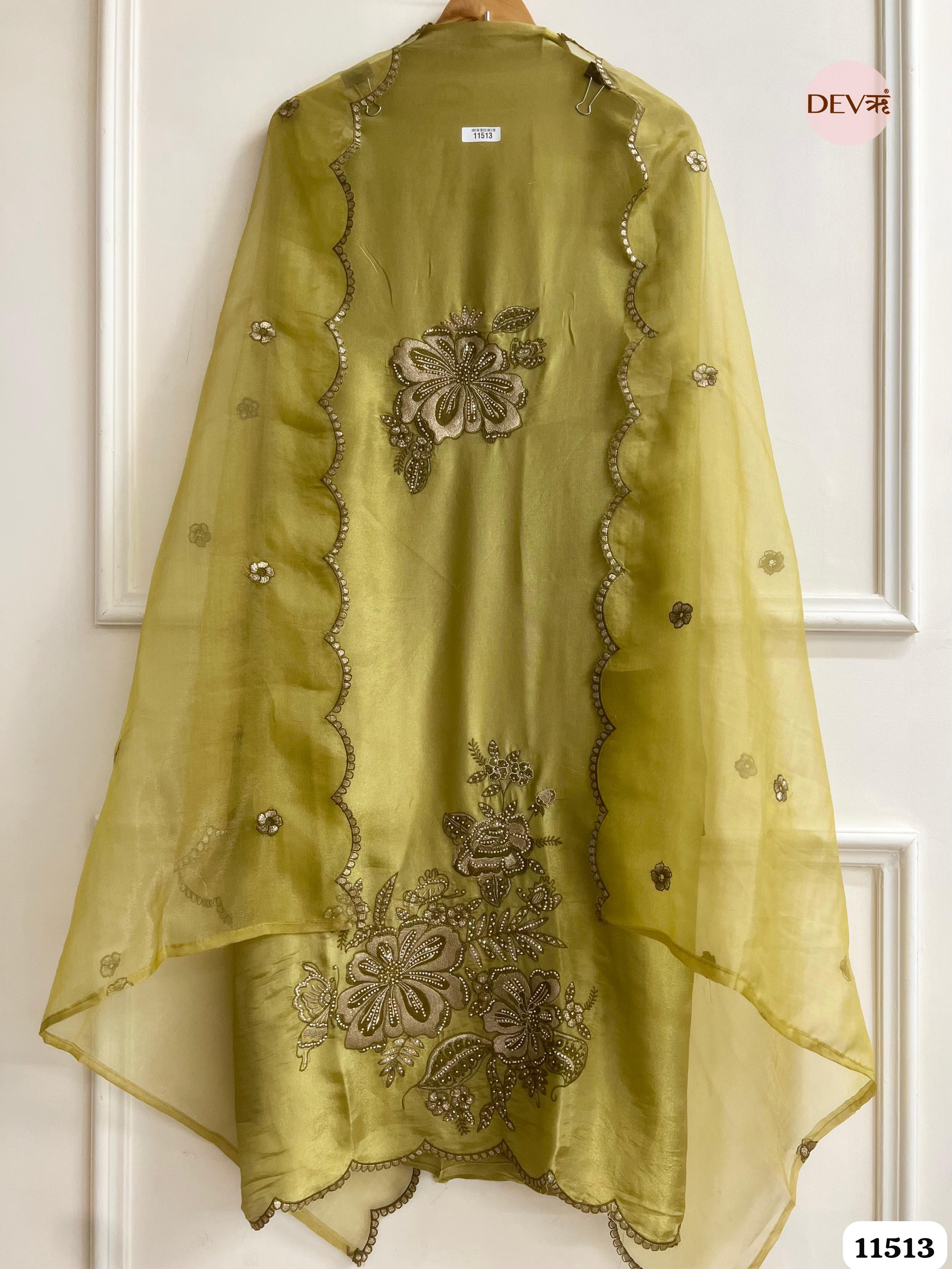 Lime green Tissue Silk Unstitched Embroidered -Set Of 3 {11513}