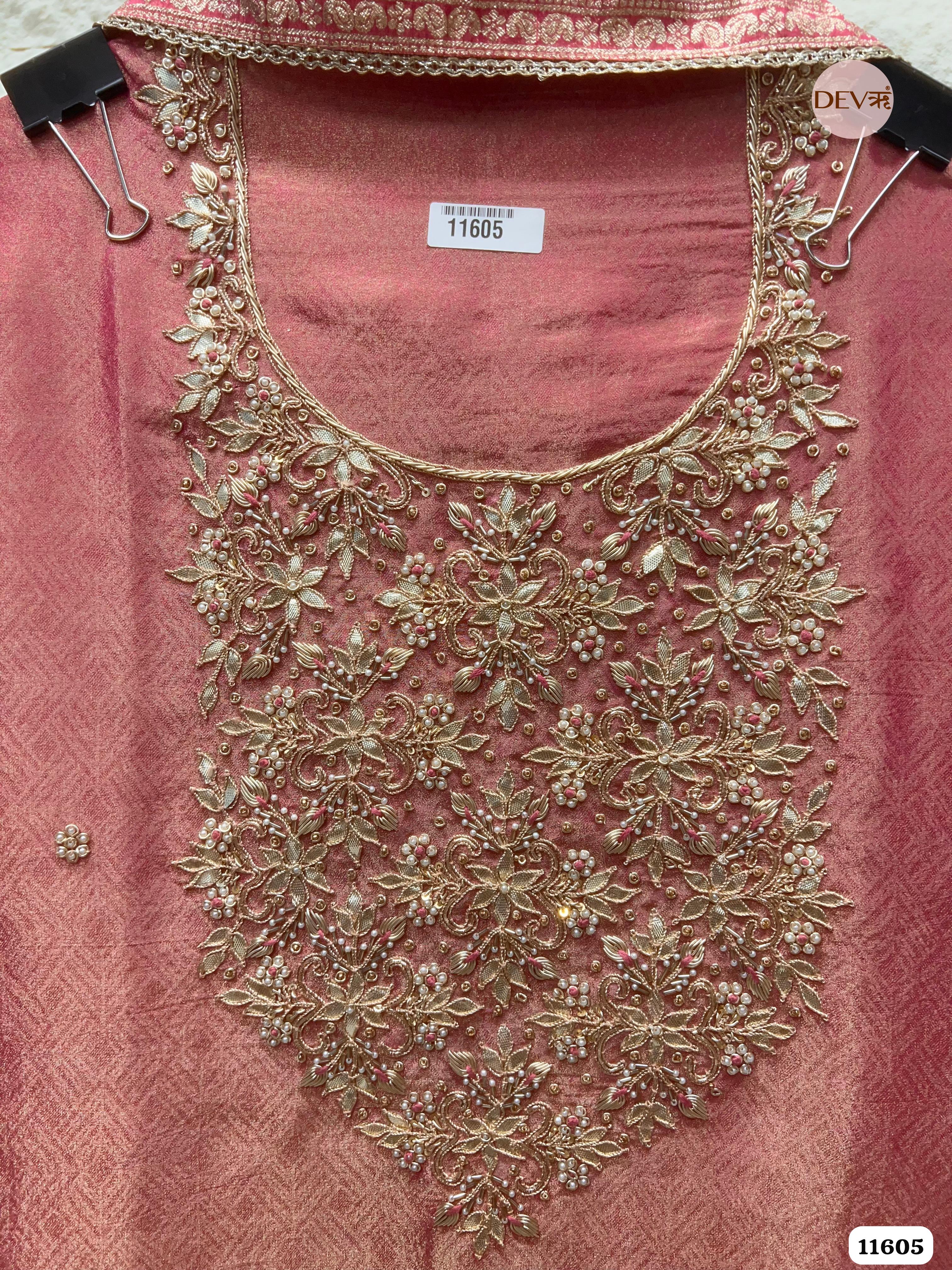 Rose Pink Pure Tissue Banarasi Silk Unstitched Hand Embroidered -Set Of 3 {11605}