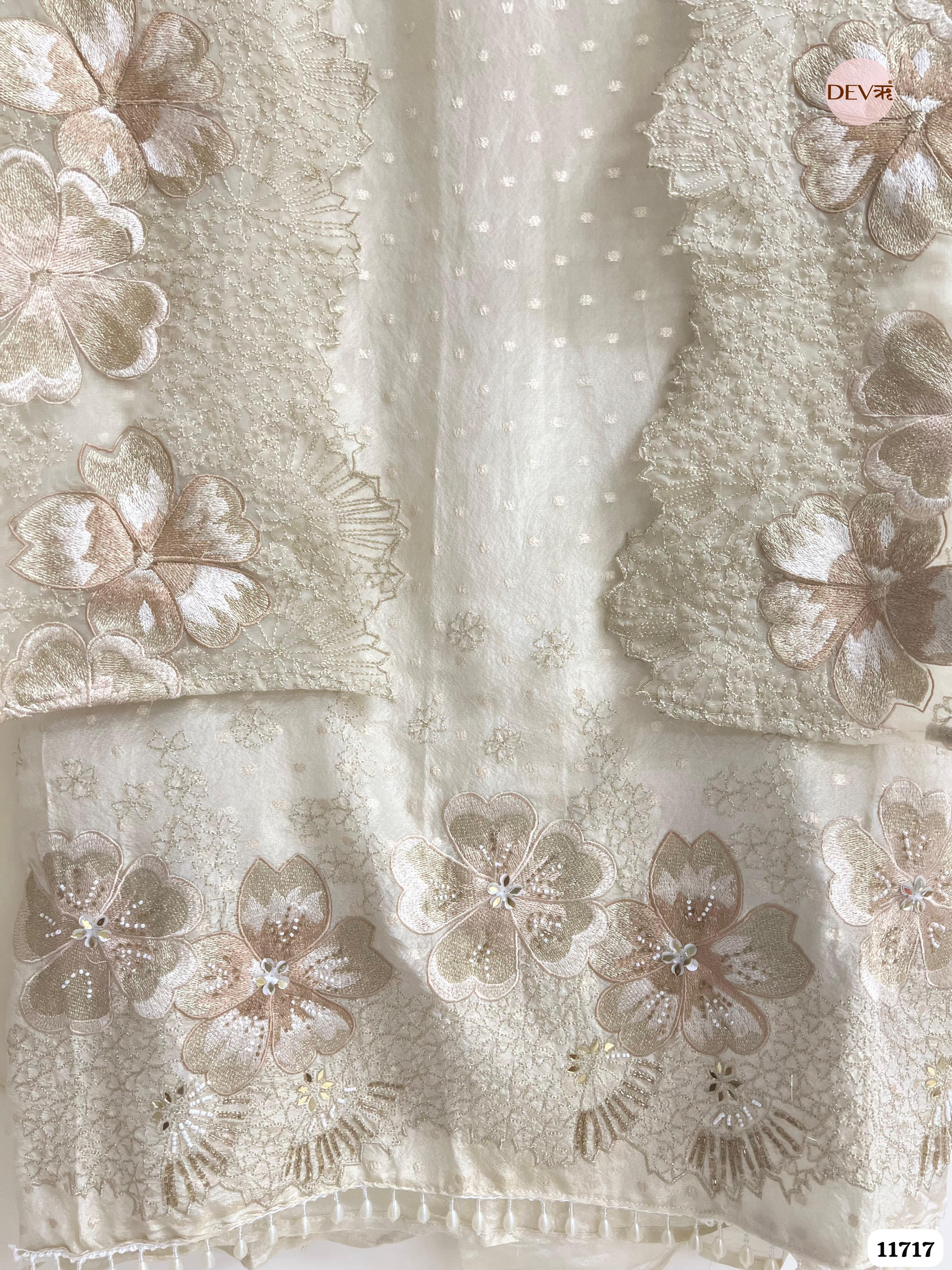 Off White Tissue Shimmer Silk Unstitched Embroidered -Set Of 3- {11717}