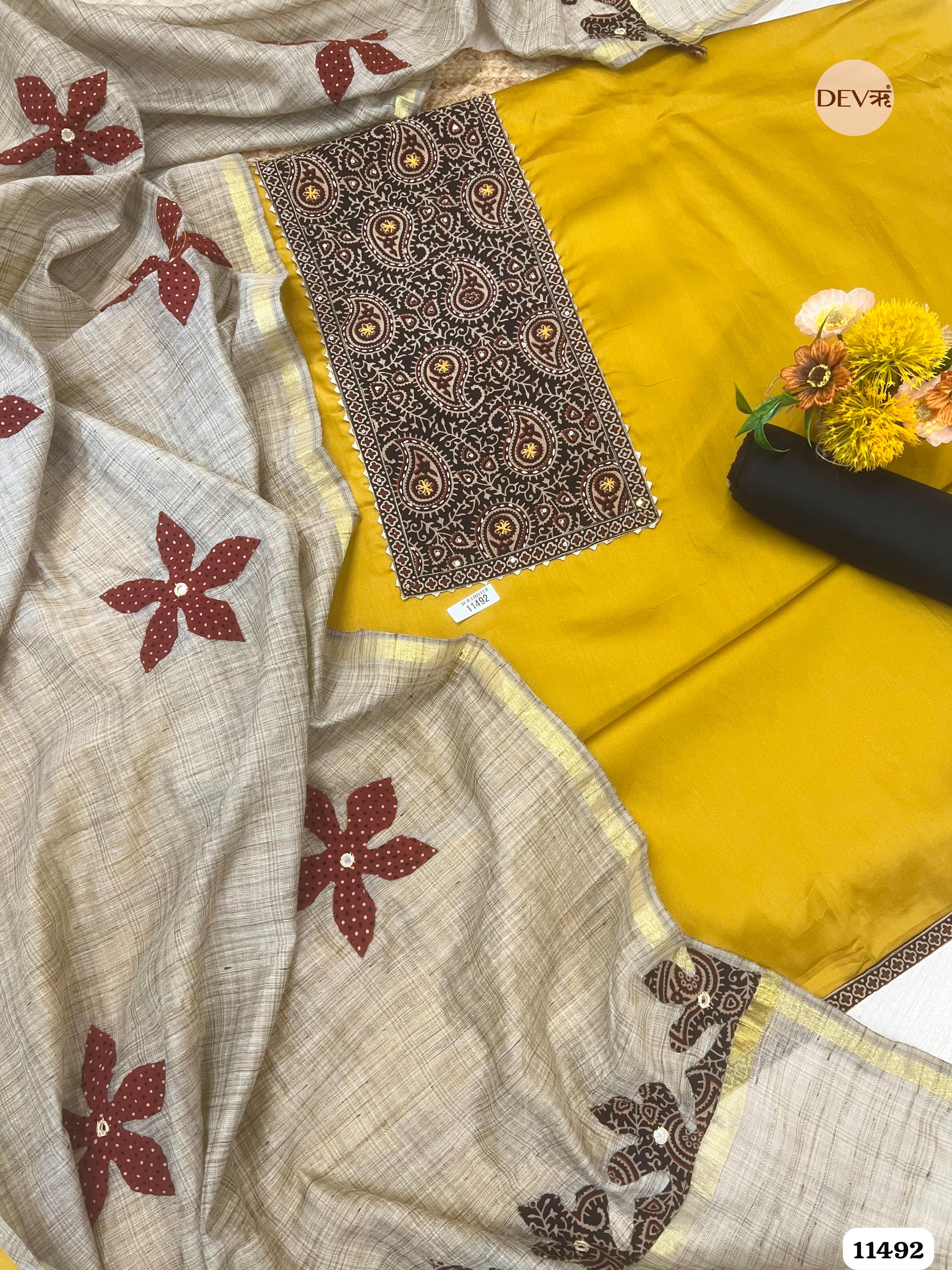Yellow Cotton Jaam Unstitched Printed Embroidered -Set Of 3 {11492}