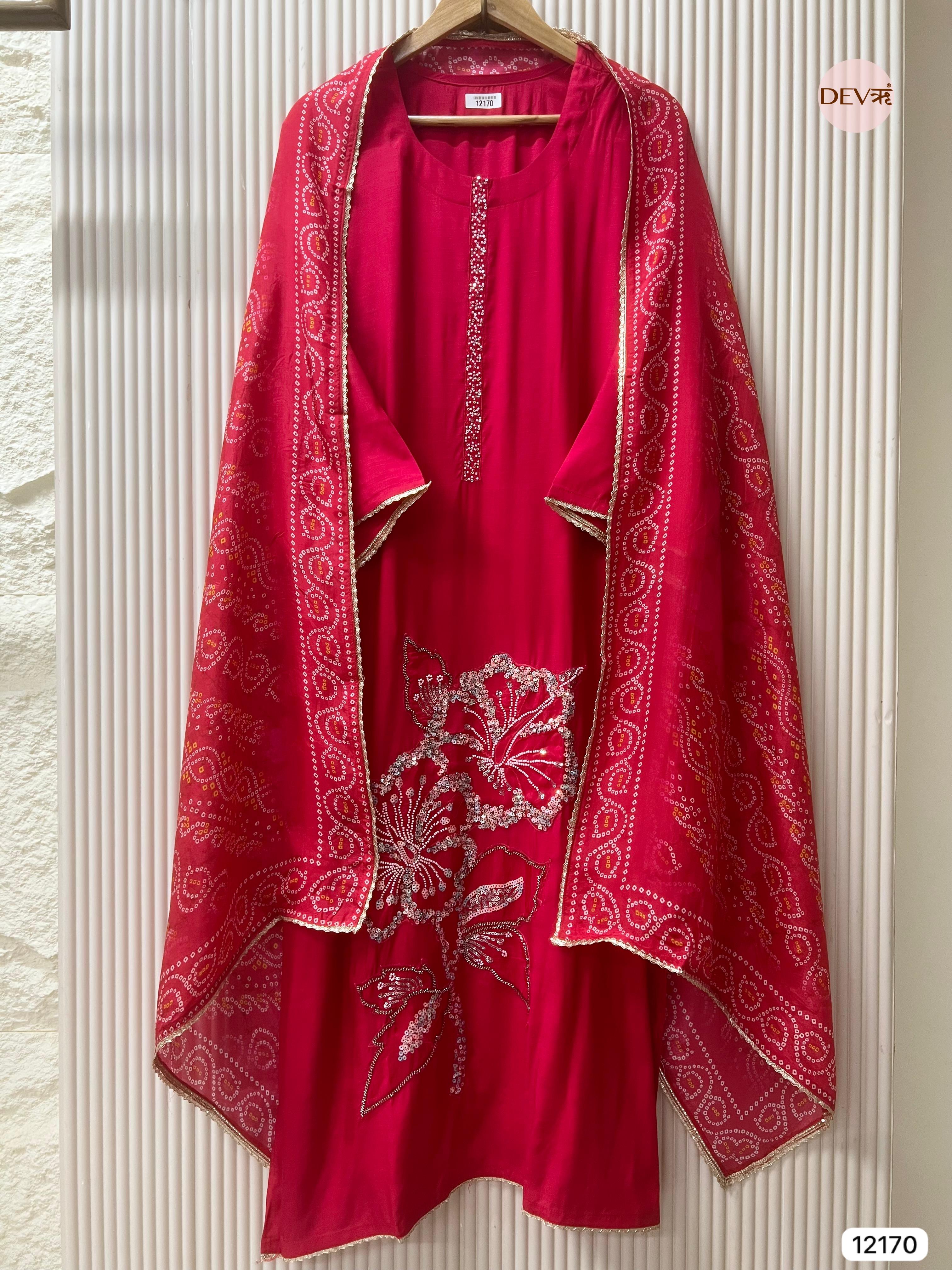 Red Pure Russian Silk Semi stitched Hand Embroidered -Set Of 3 - {12170}
