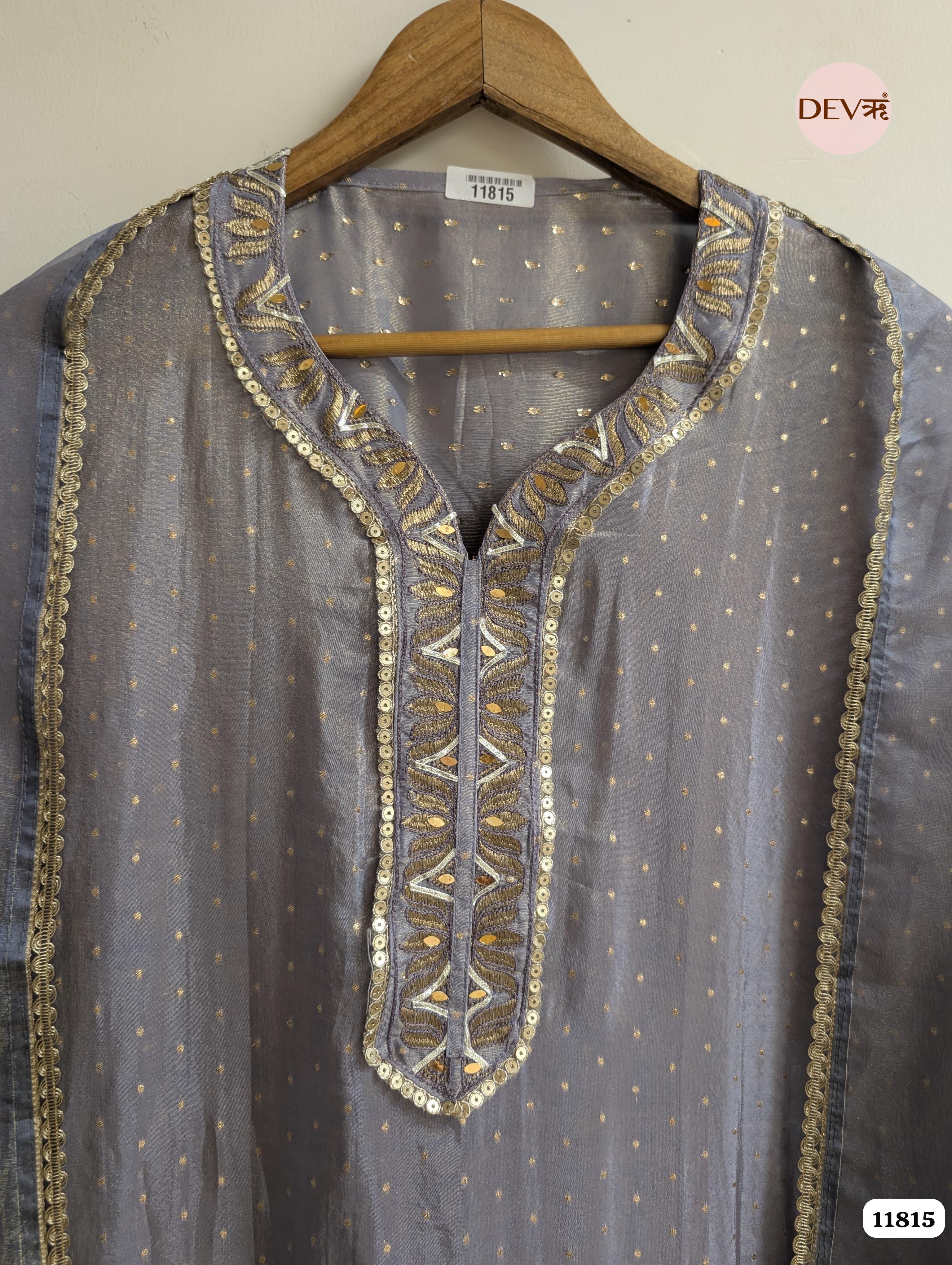 Grey Blue Tissue Silk Woven Unstitched Embroidered -Set Of 3 {11815}