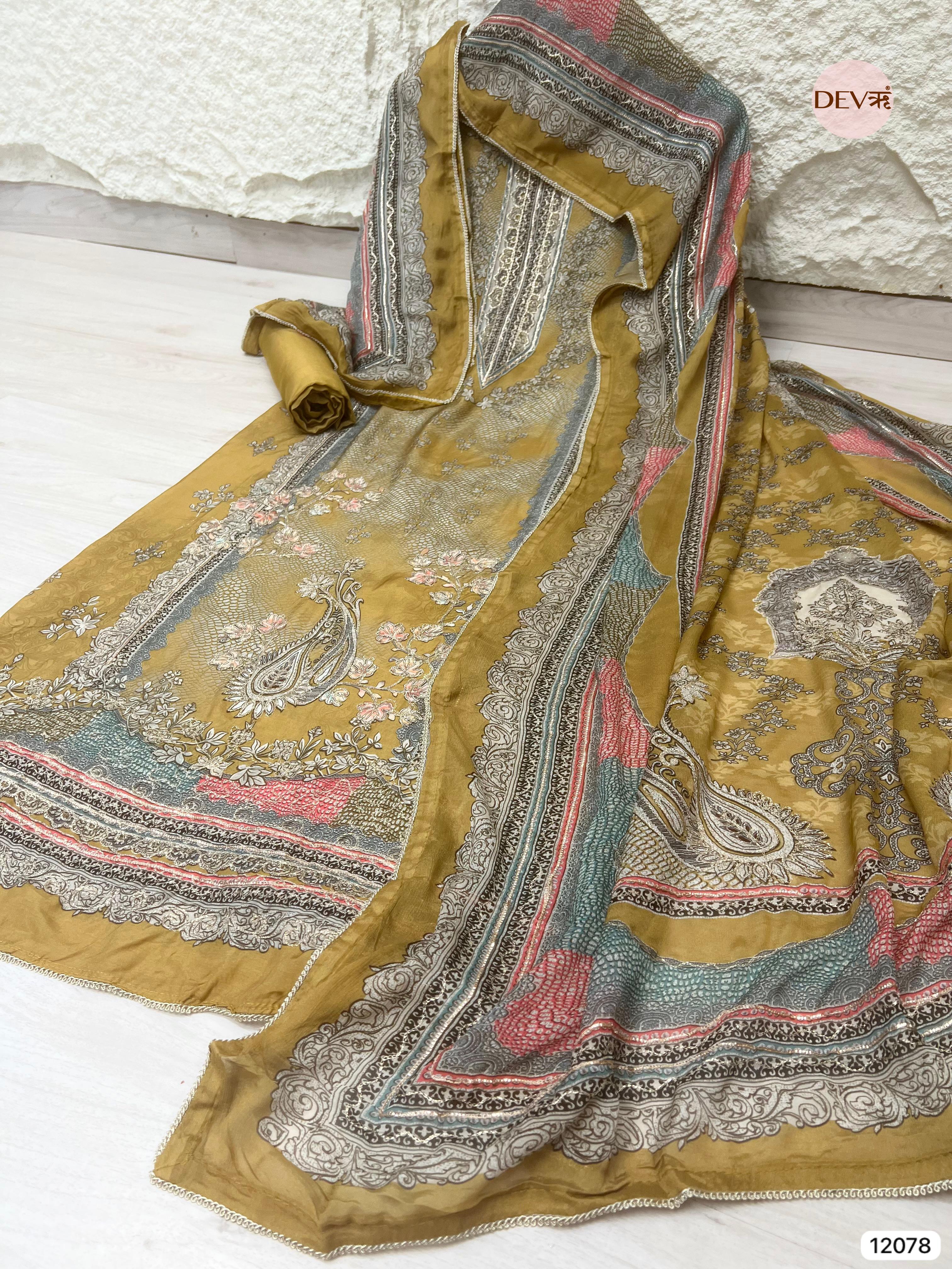 Yellow Pure Muslin Unstitched Printed With Hand Zardosi Embroidery -Set Of 3 - {12078}