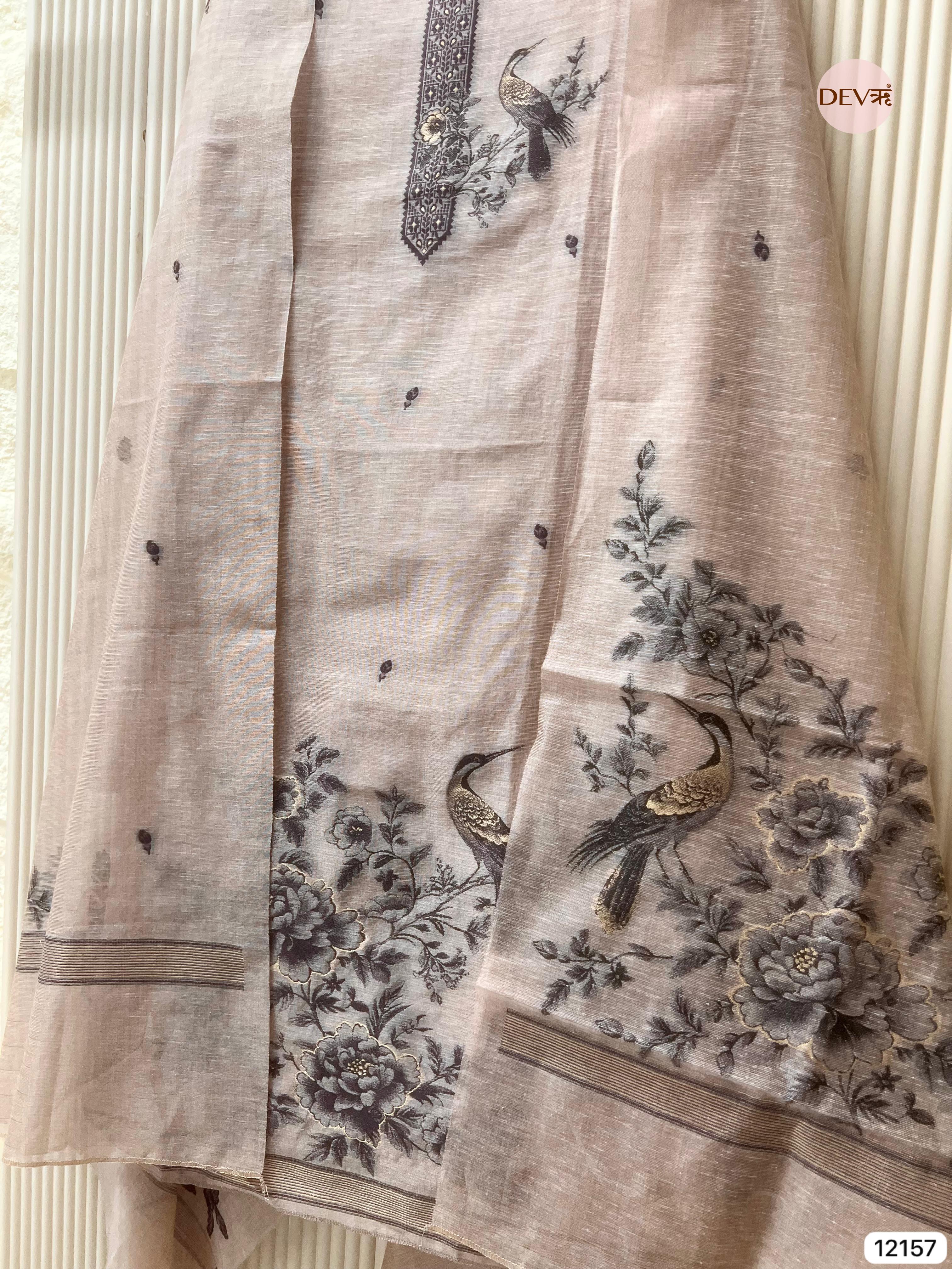 Light Brown Pure Jamdani Linen Unstitched -Set Of 3 - {12157}