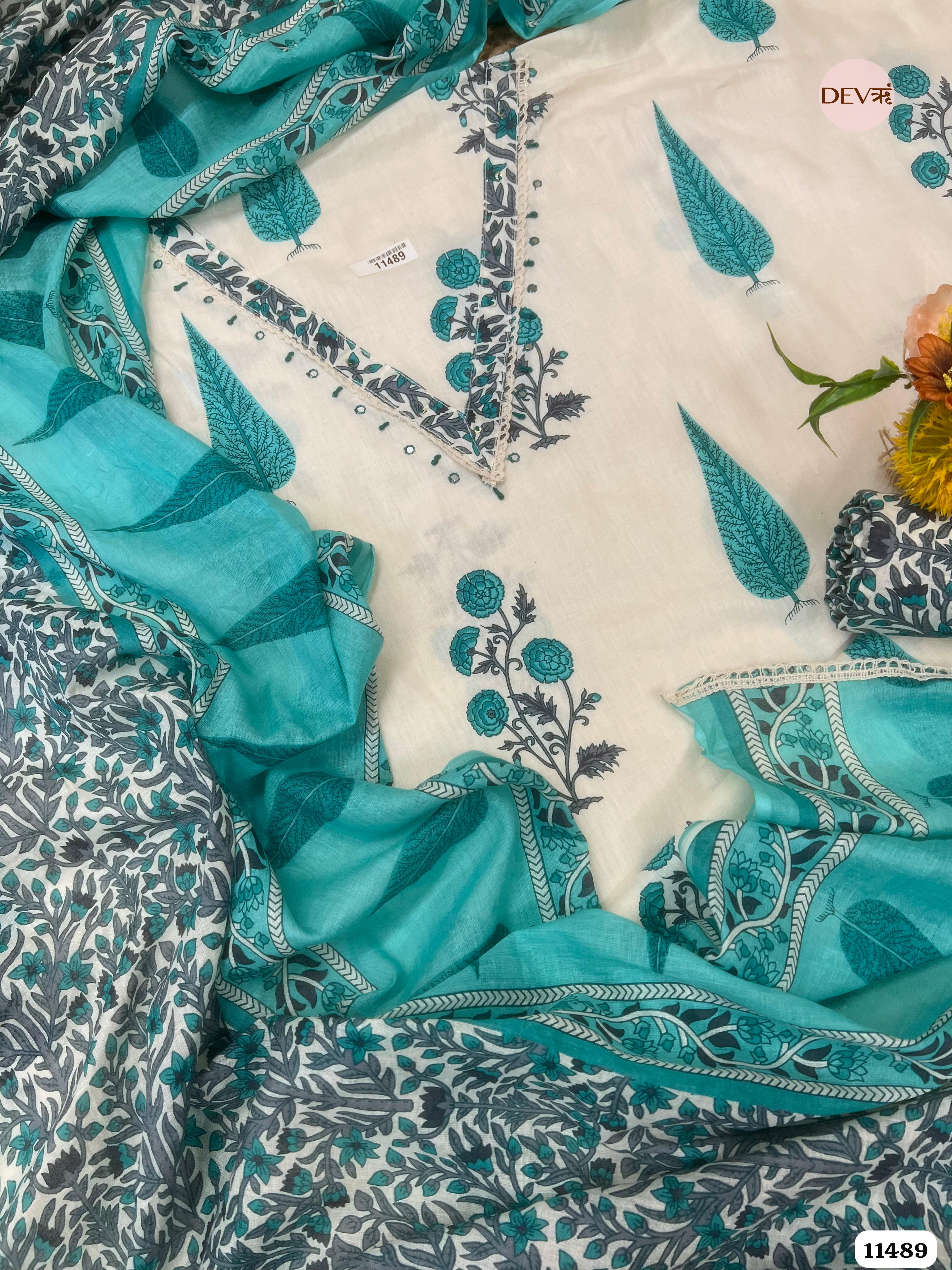 Blue Pure Cotton Unstitched Printed Embroidered -Set Of 3 {11489}