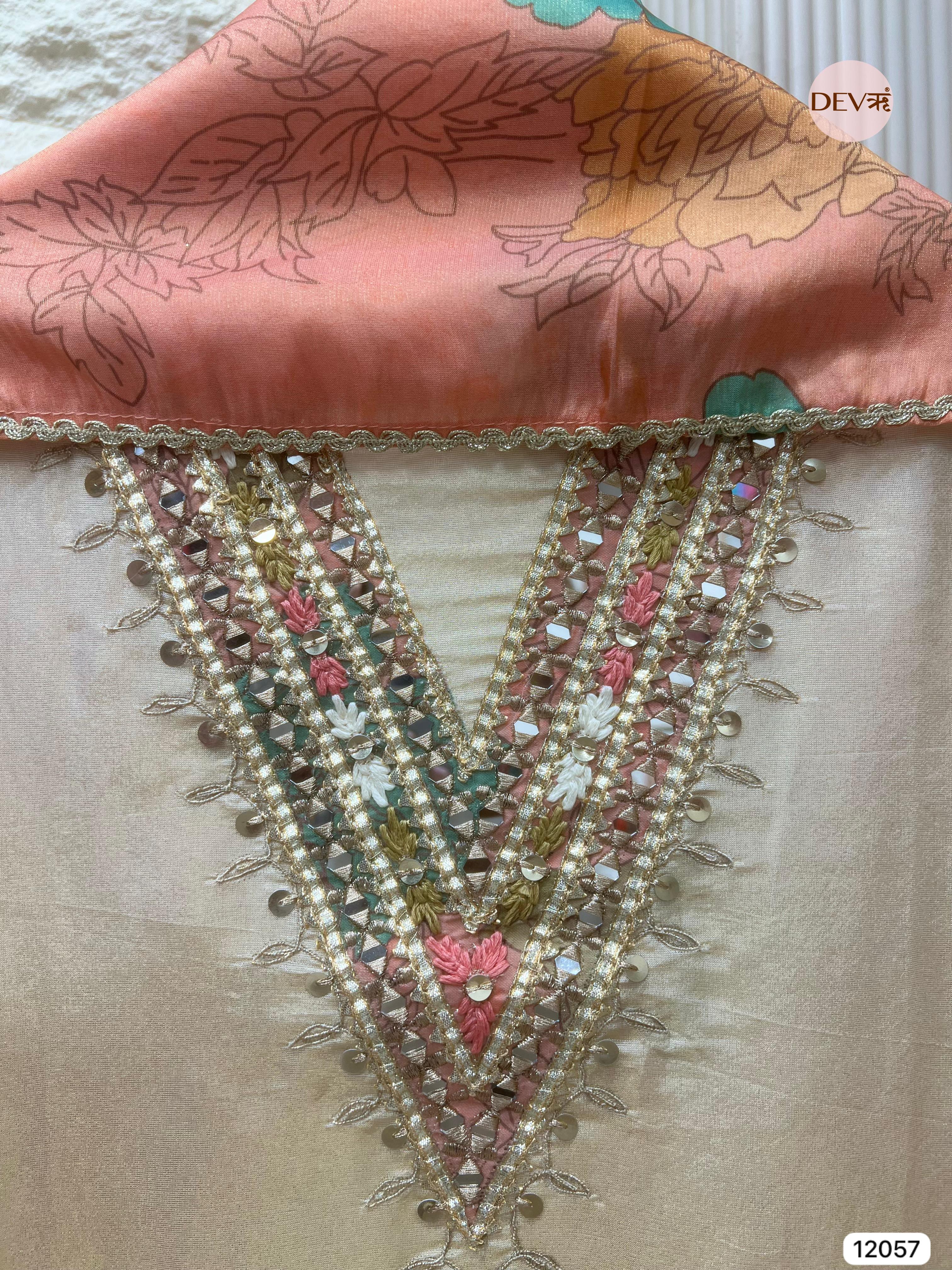 Cream Colour Tissue Shimmer Silk Semi Stitched Hand Embroidered -Set Of 3 - {12057}