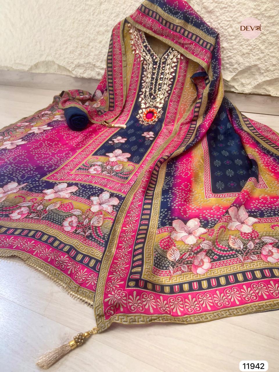 Blue Tissue Shimmer Silk Unstitched Printed Hand Embroidered -Set Of 3 - {11942}