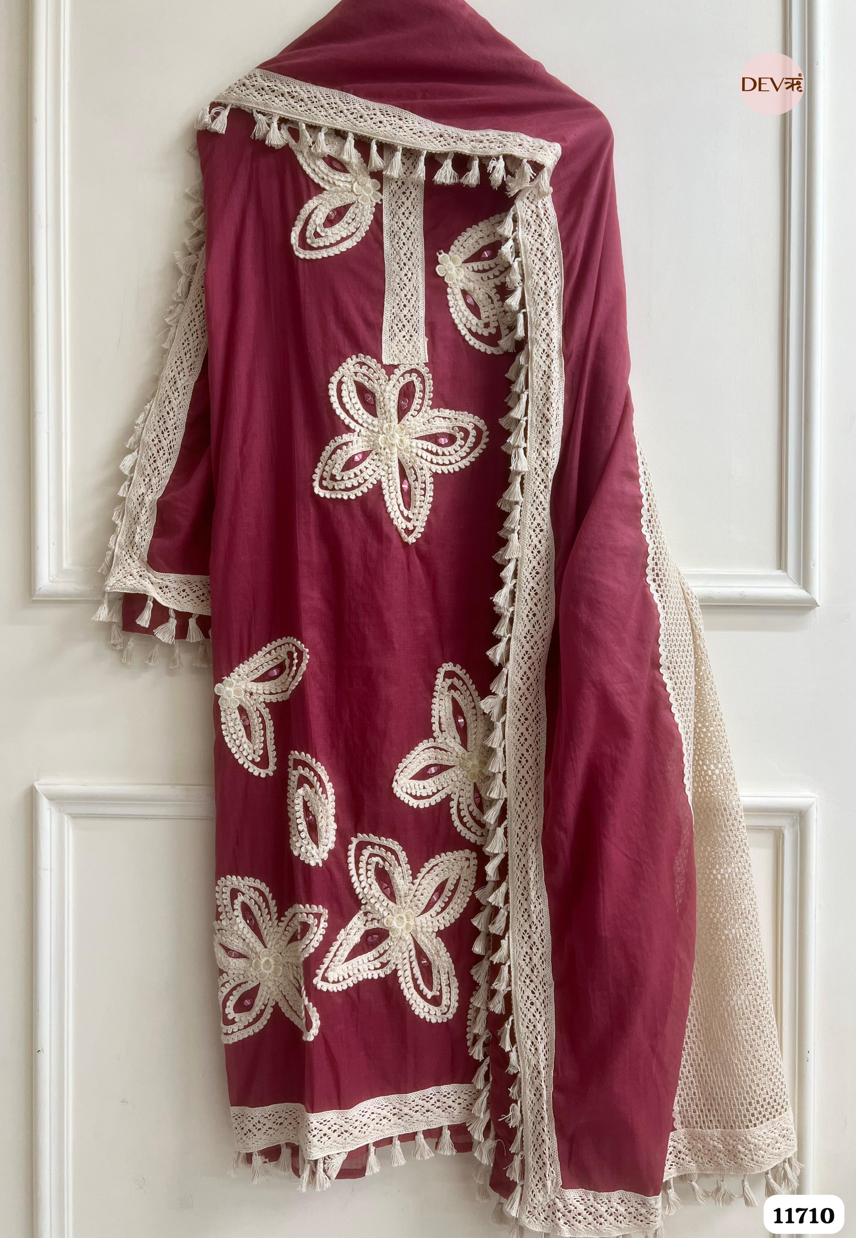 Maroon Mul Chanderi Unstitched Hand Embroidered -Set Of 3 {11710}