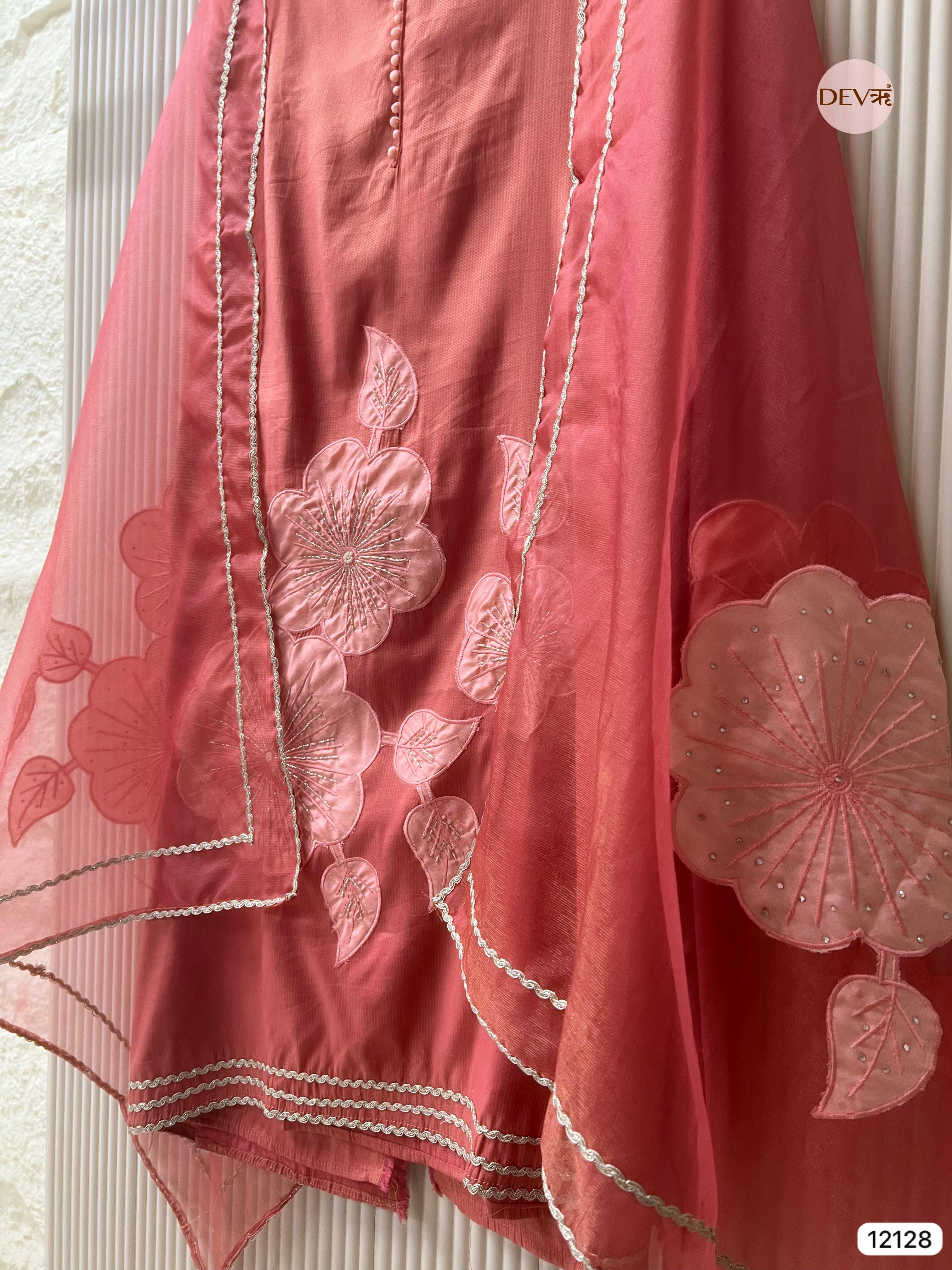 Red Shimmer silk Unstitched Applique Embroidered -Set Of 3 - {12128}