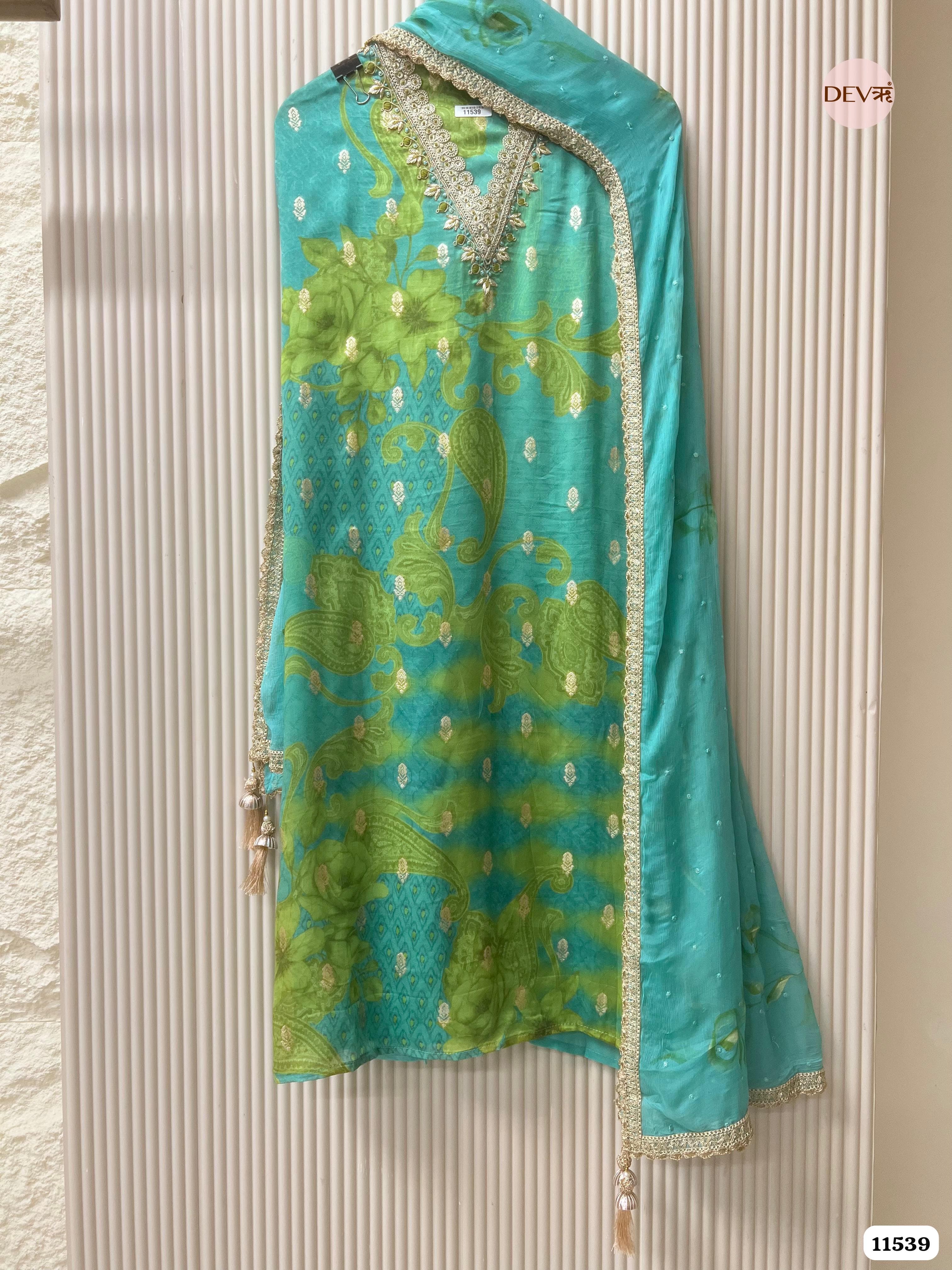 Green Pure Silk Unstitched Printed Hand Embroidered -Set Of 3 {11539}