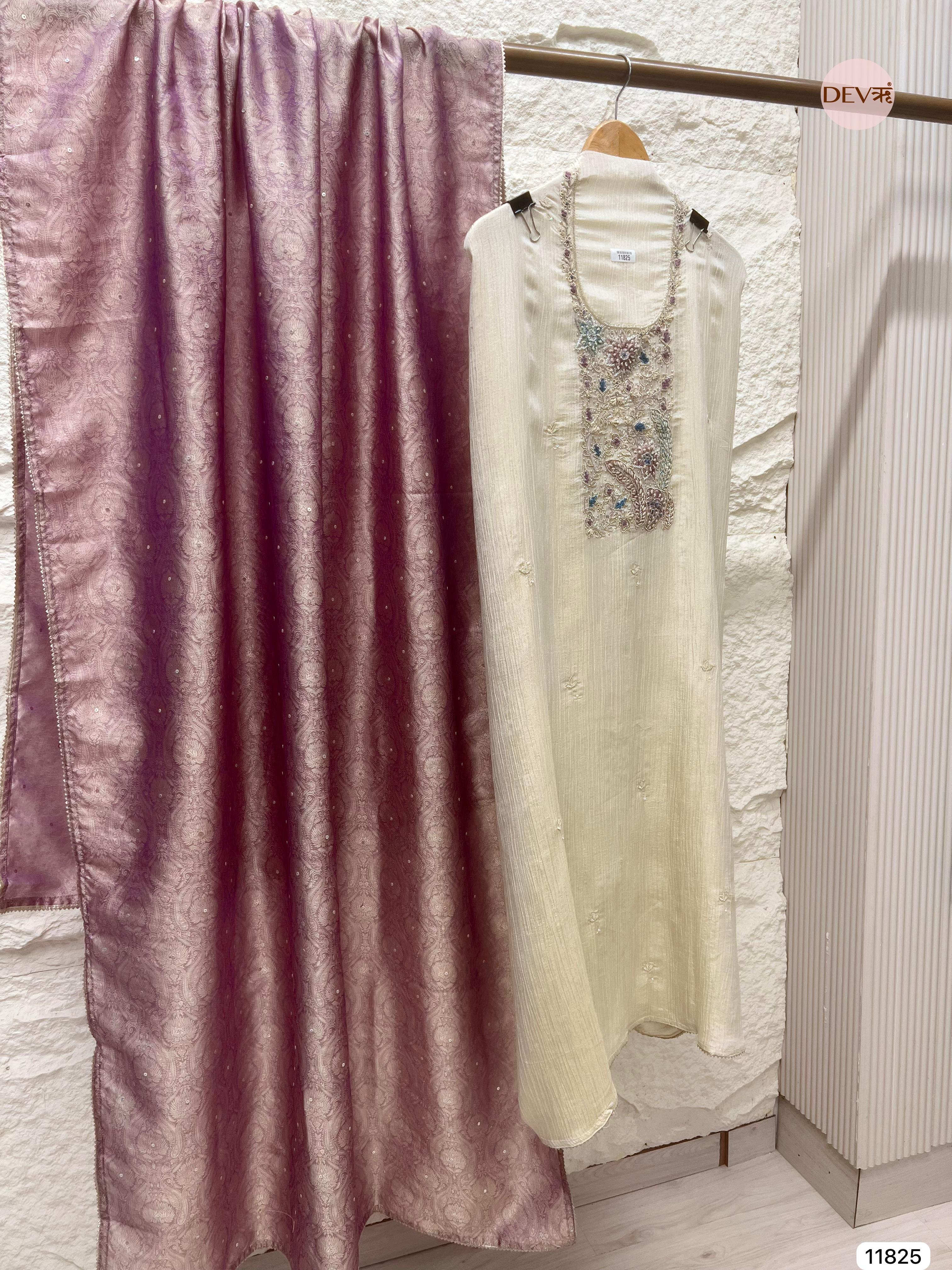 Cream Pure Tissue Crush Silk Unstitched Hand Embroidered -Set Of 3- {11825}