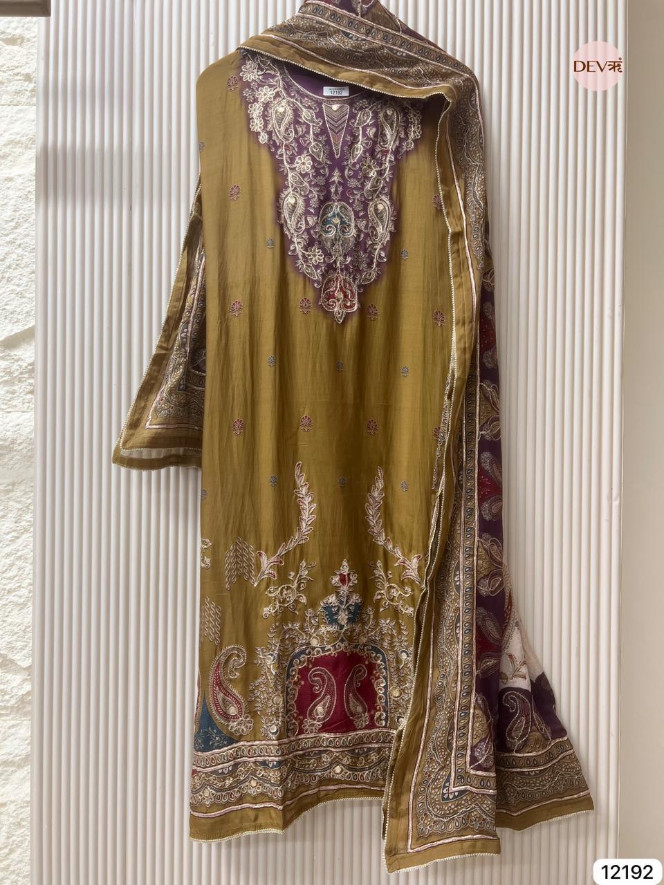 Olive Muslin Embroidered Unstitched 3-Piece Suit (Devri – D.No 12192)