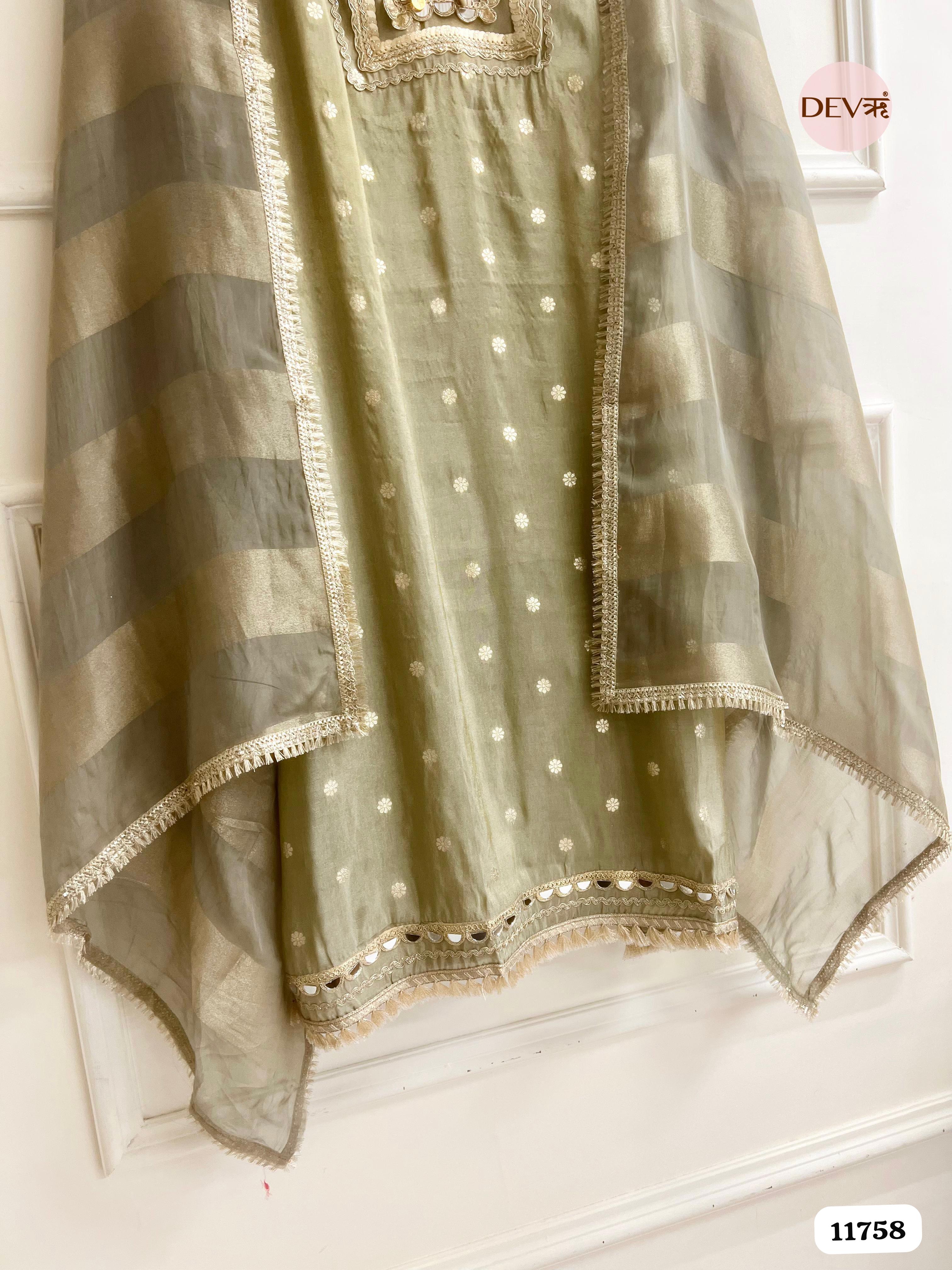 Green Tissue Silk Unstitched Hand Embroidered -Set Of 3 {11758}