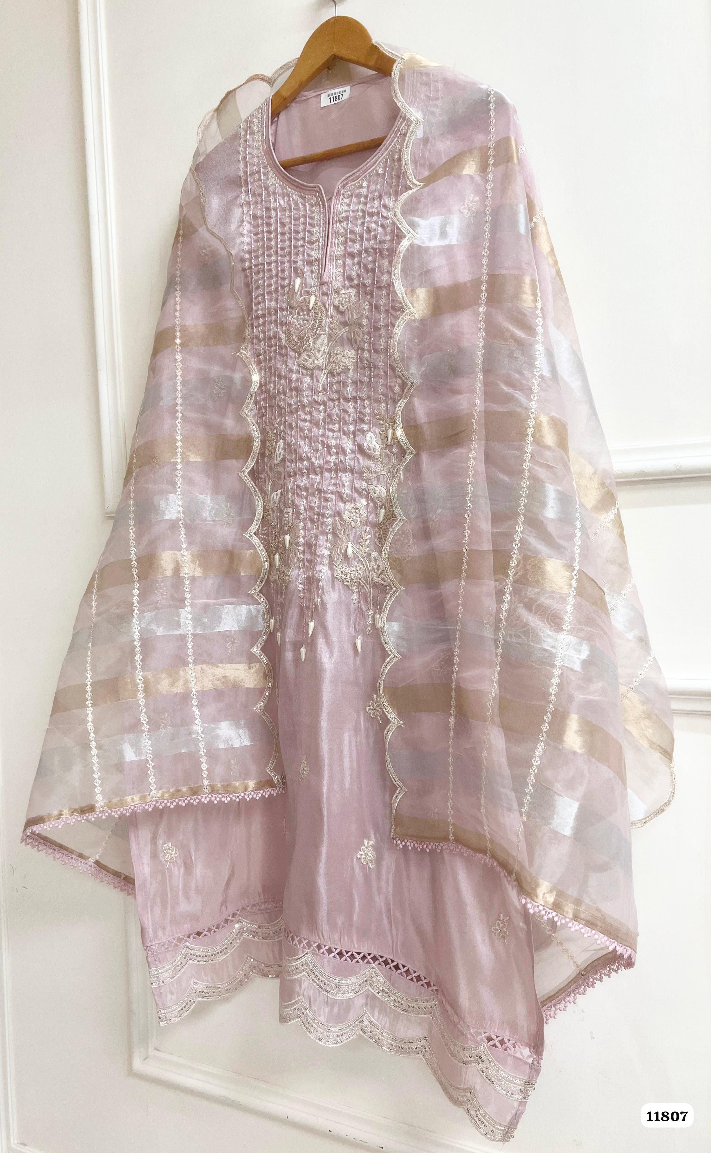 Pink Tissue silk unstitched Hand Embroidered -Set Of 3 {11807}