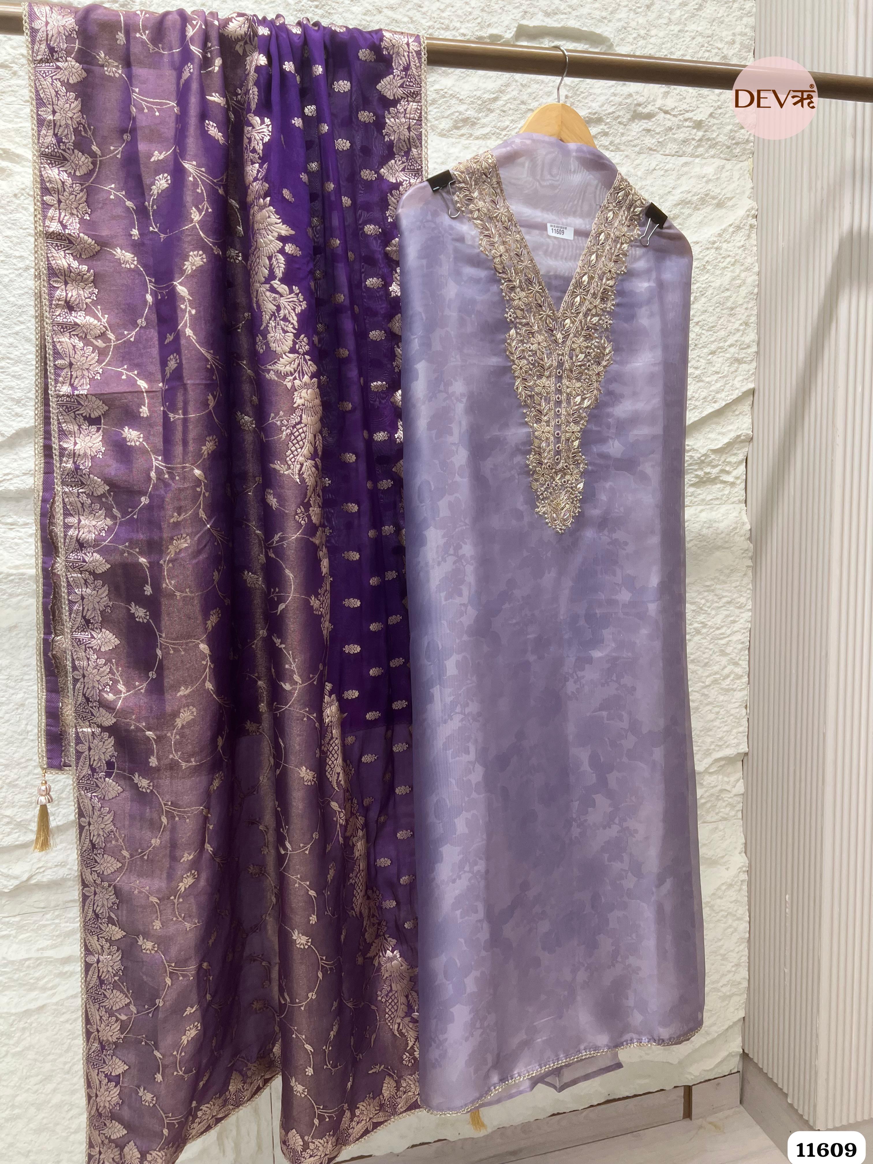 Light Purple Tissue Organza Printed Unstitched Hand Embroidered -Set Of 3 {11609}