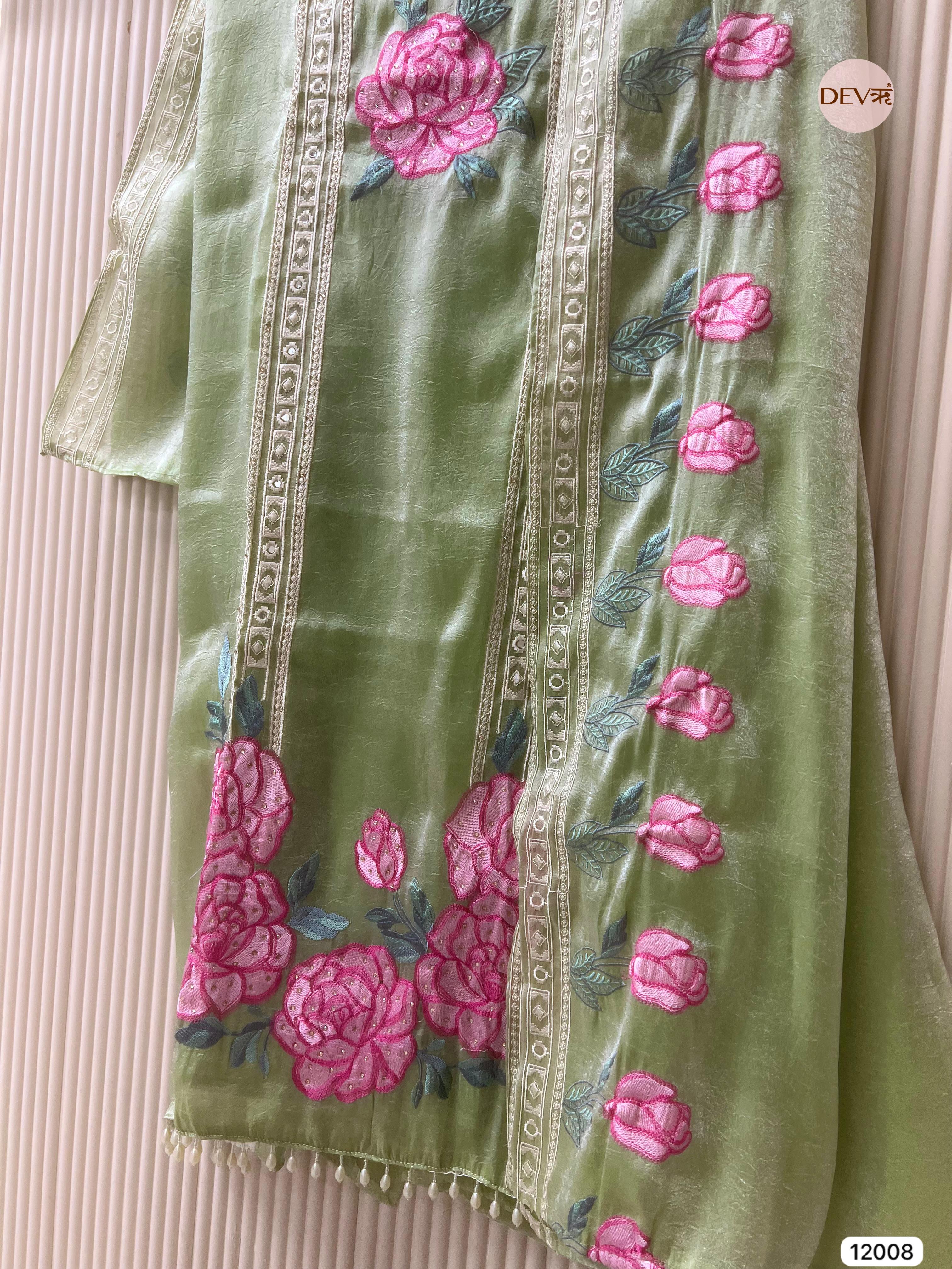 Green Tissue Organza Silk Unstitched Embroidered -Set Of 3 - {12008}