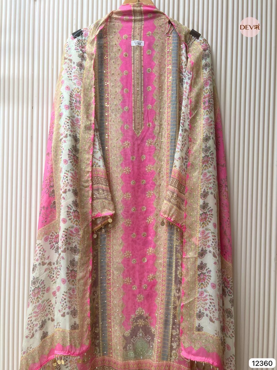 Pink Organza Printed Unstitched 3-Piece Suit (Devri – D.No 12360)