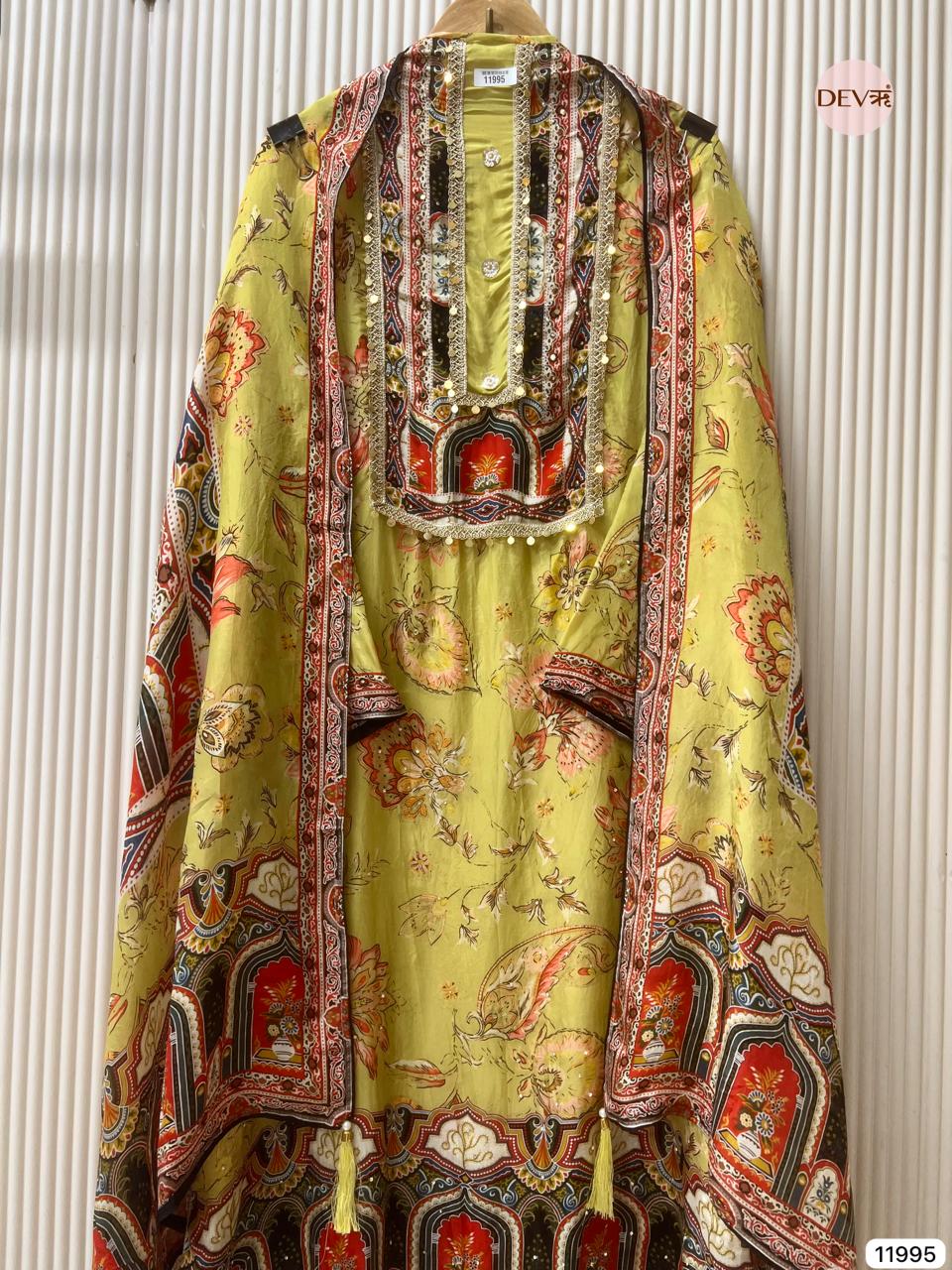 Green Soft Organza Silk Semi Stitched Pakistani Printed Hand Embroidered -Set Of 3 - {11995}