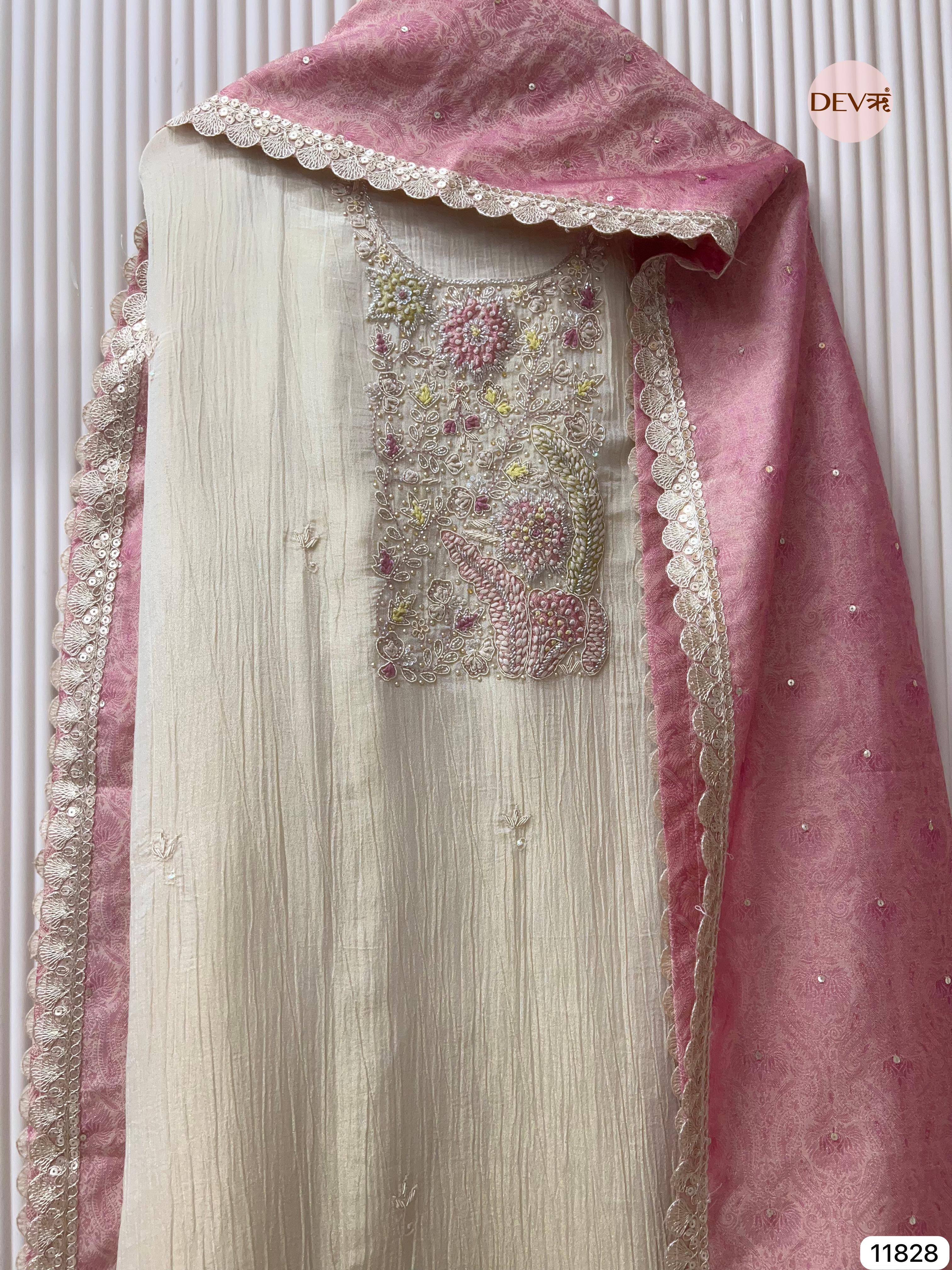 Off White Pure Tissue Crush Silk Unstitched Hand Embroidered -Set Of 3 - {11828}