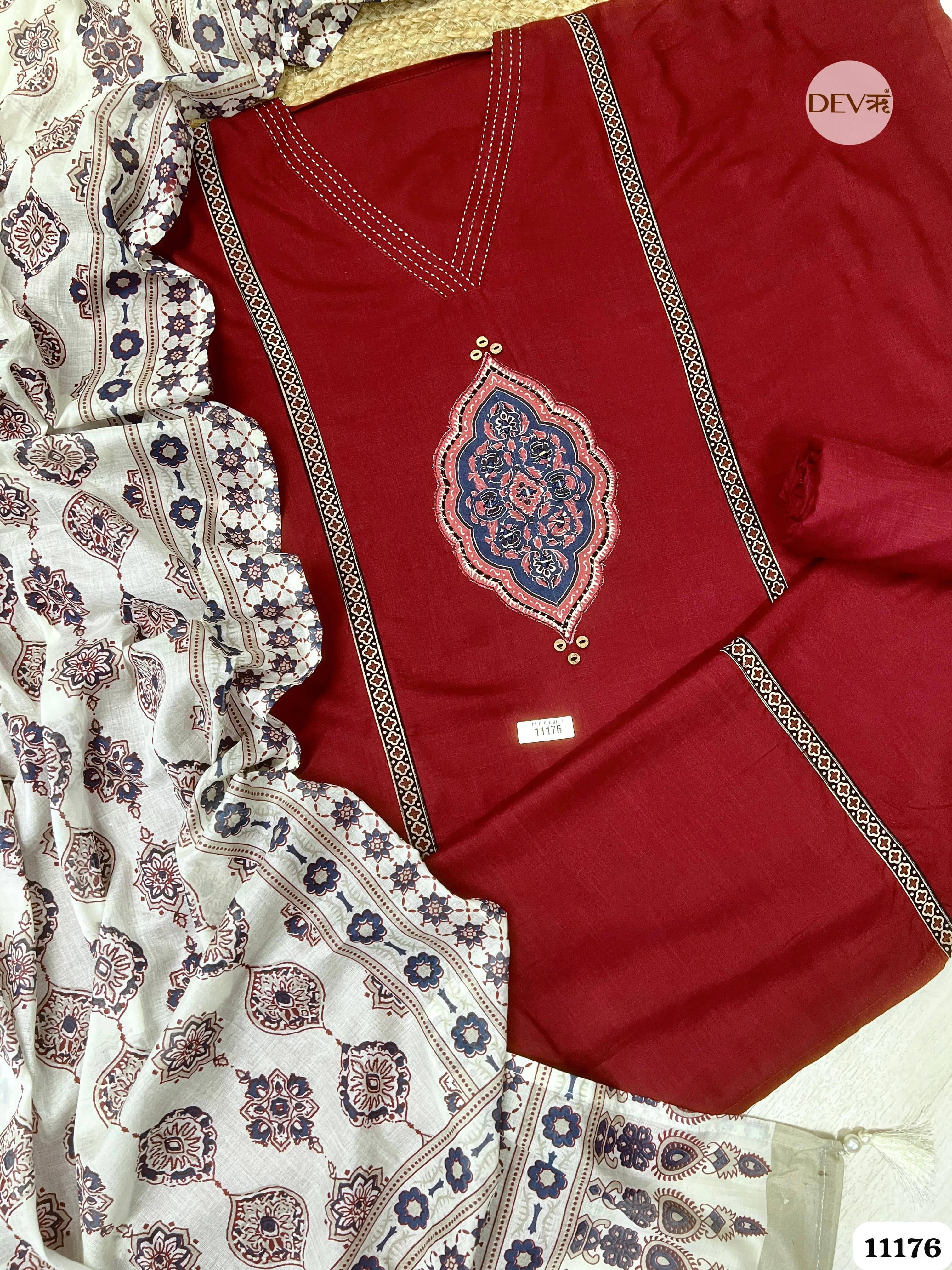 Maroon Slub Cotton Unstitched Hand Embroidered -Set Of 3 {11176}
