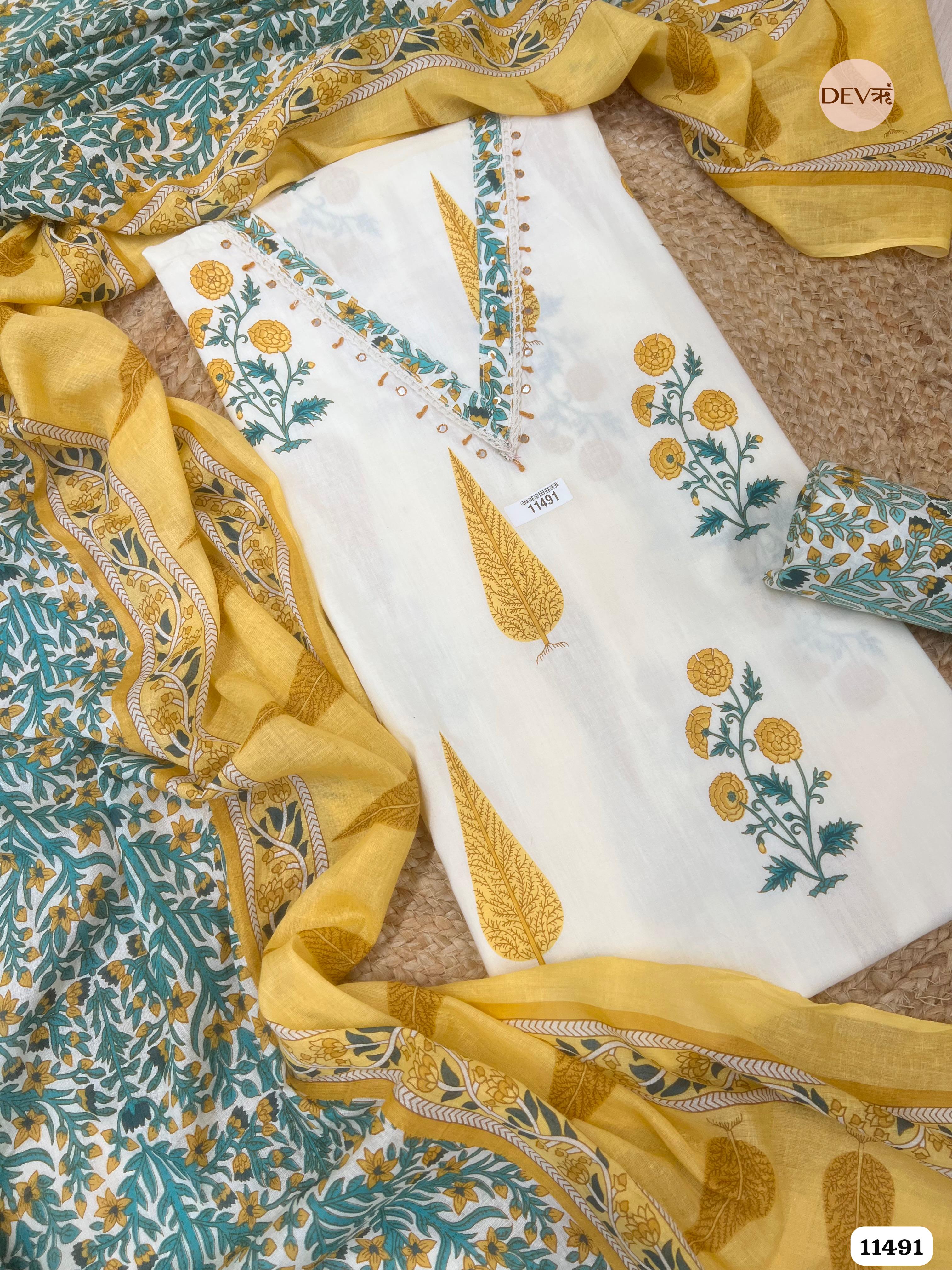 Yellow Pure Cotton unstitched Printed Embroidered -Set Of 3 {11491}