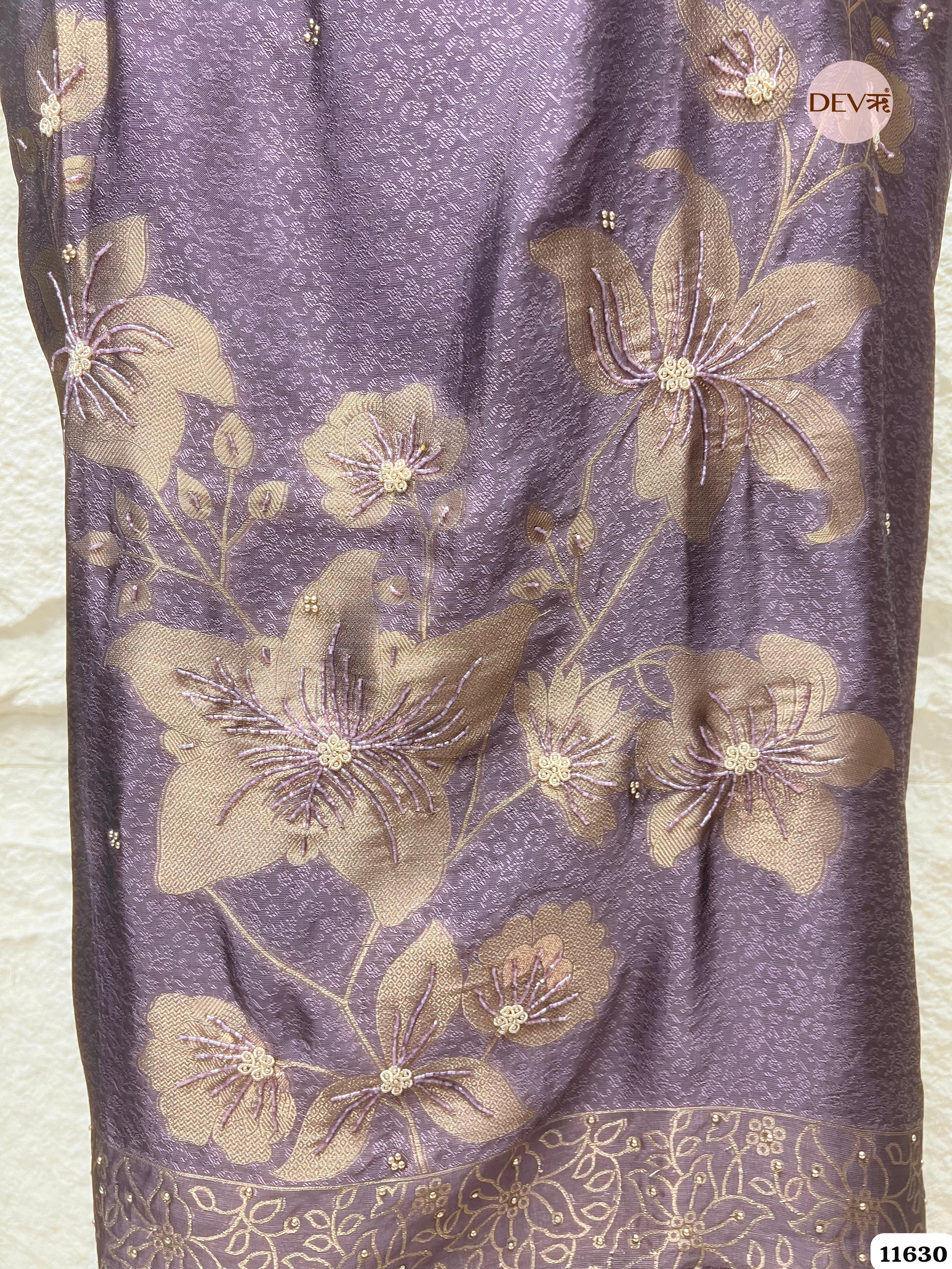 Purple Pure Dola Silk Banarasi Woven Unstitched Hand Embroidered -Set Of 3 {11630}