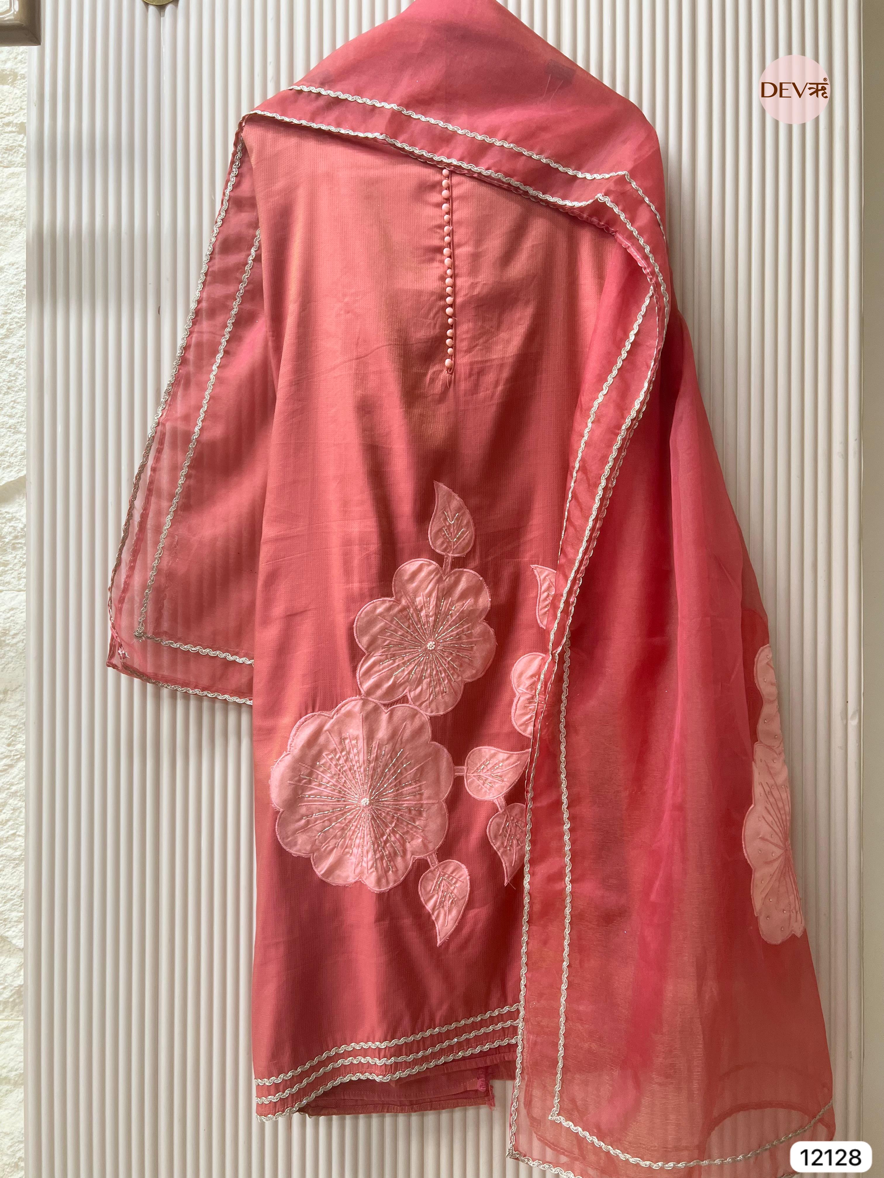 Red Shimmer silk Unstitched Applique Embroidered -Set Of 3 - {12128}