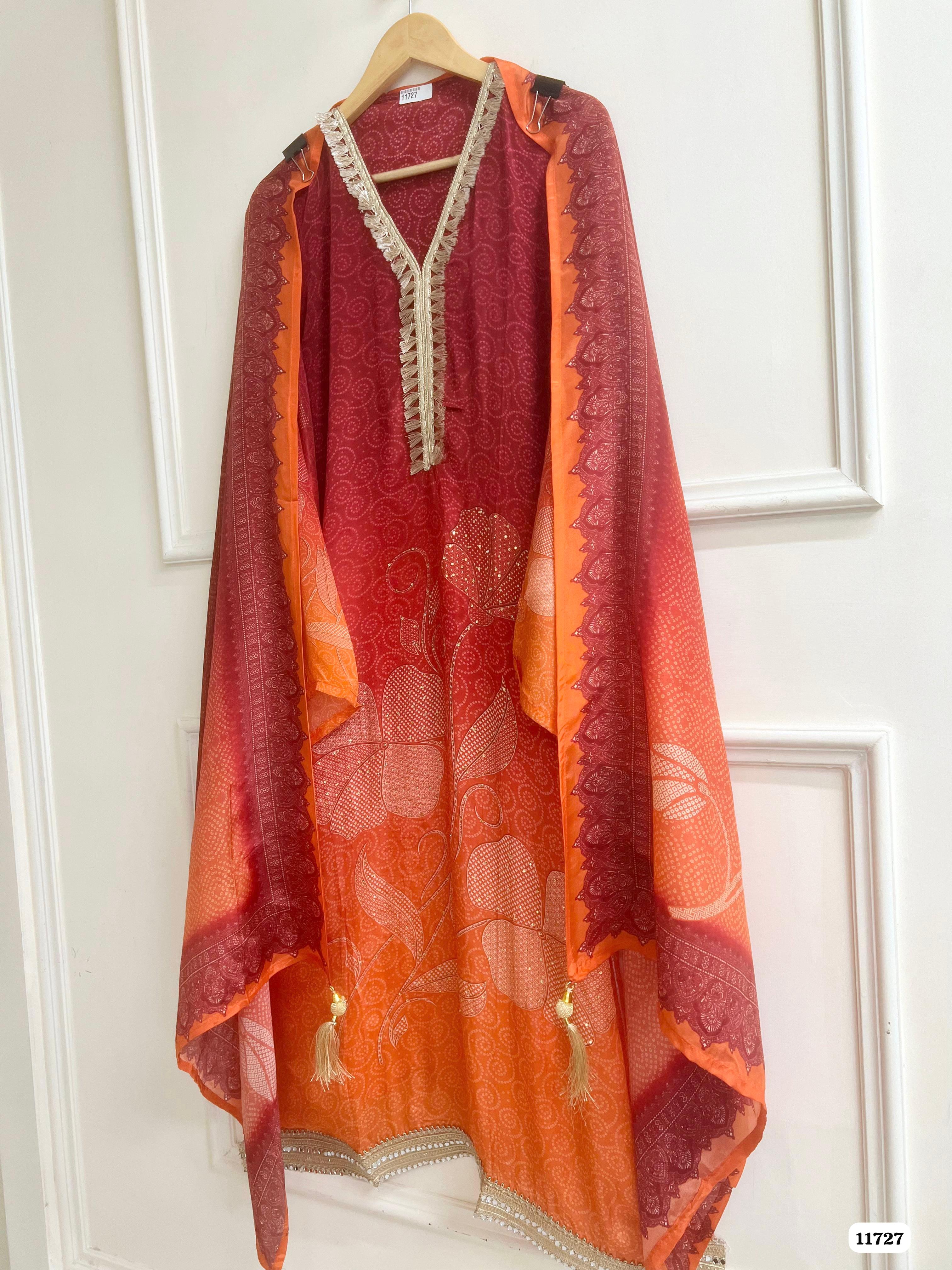 Red & Orange Silk Semi stitched Hand Embroidered -Set Of 3 {11727}